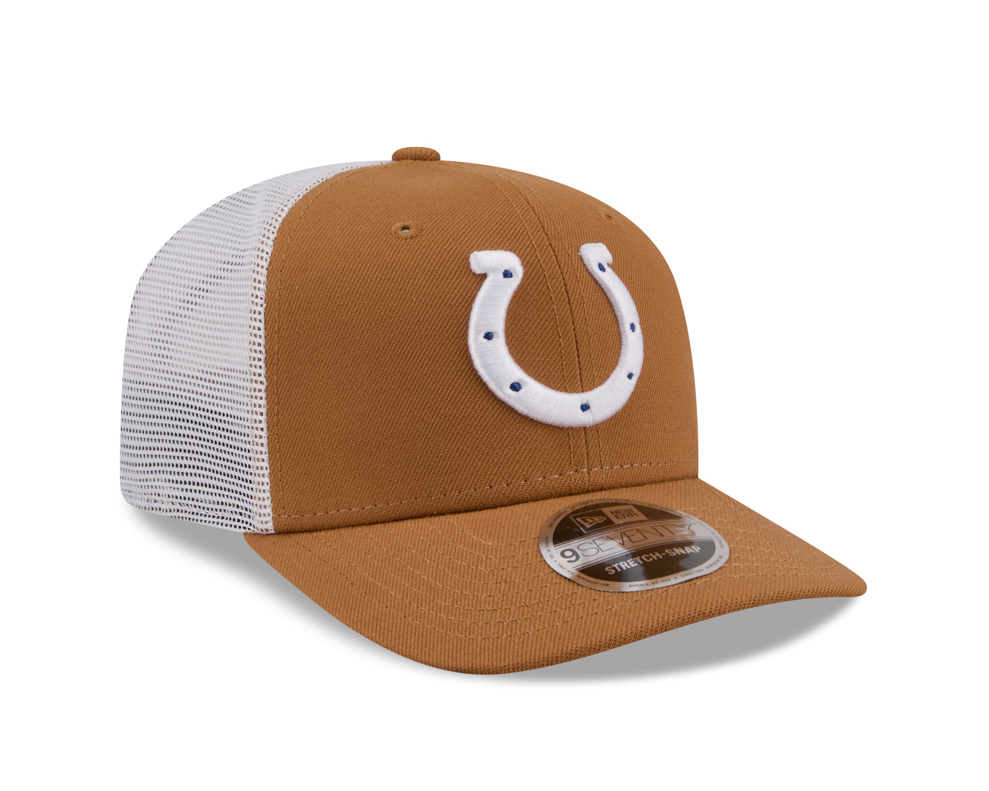 Neue Era Indianapolis Colts 9SEVENTY Stretch-Snap Trucker Cap in Beige, sportliche NFL Baseballcap mit Logo und Mesh-Rückseite.