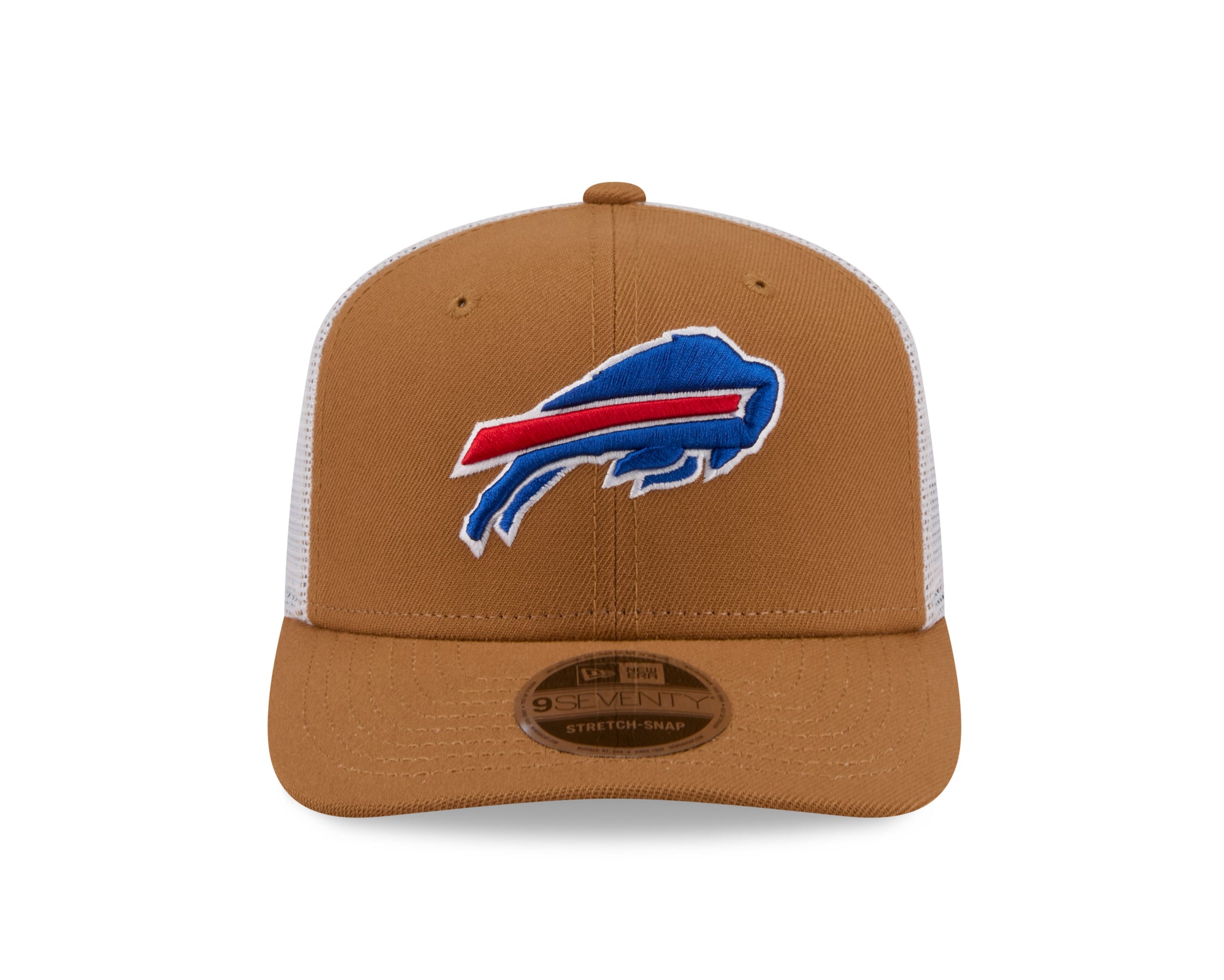 Neue Era Buffalo Bills 9SEVENTY Stretch-Snap Trucker Cap in Beige, mit NFL-Logo, sichtbarer Mesh-Rückseite und gestreiftem Schirm.
