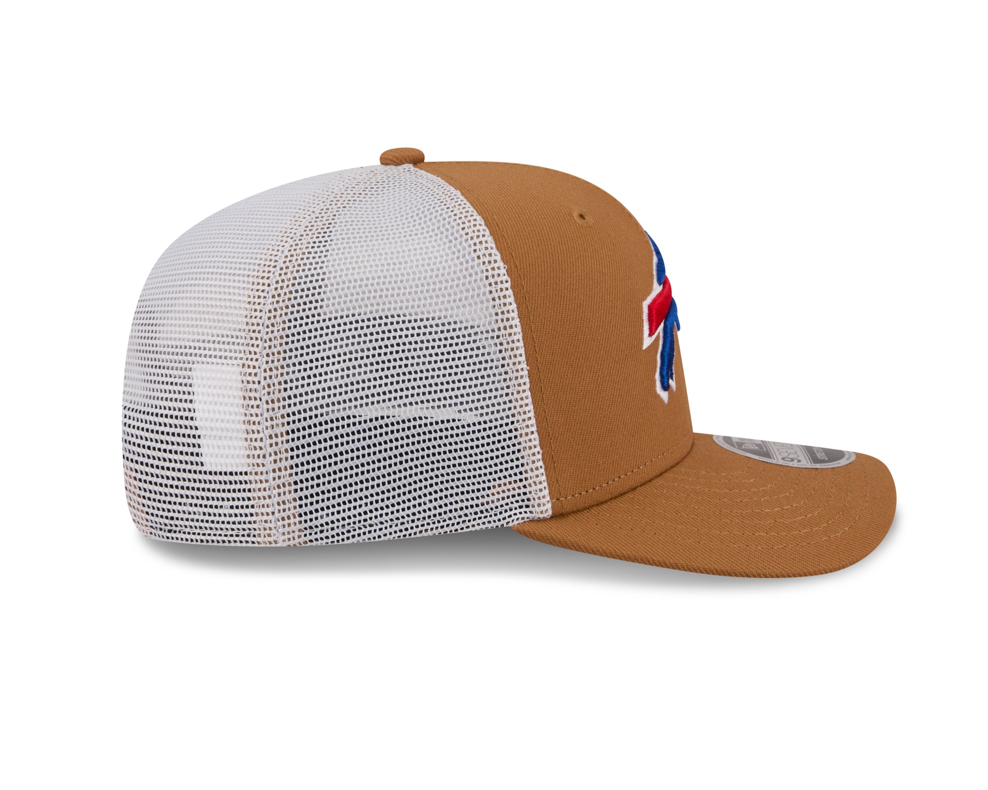 Neue Era Buffalo Bills 9SEVENTY Trucker Cap in Beige, Stretch-Snap, seitliche Ansicht, sportlicher NFL Cap für Fans