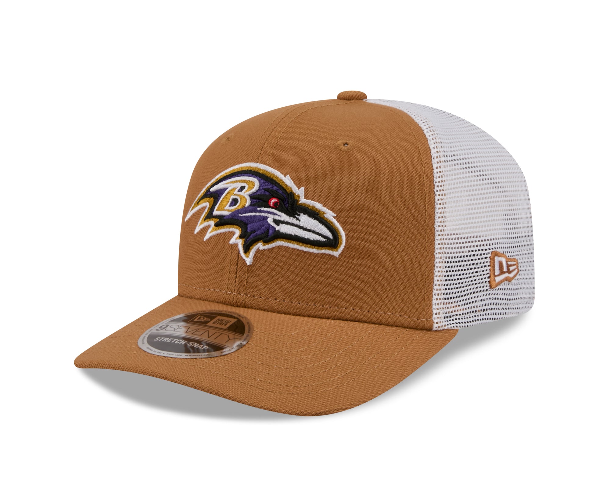 Neue Era Baltimore Ravens 9SEVENTY Stretch-Snap Trucker Cap in Beige, NFL-Cap mit Markenlogo und Mesh-Design