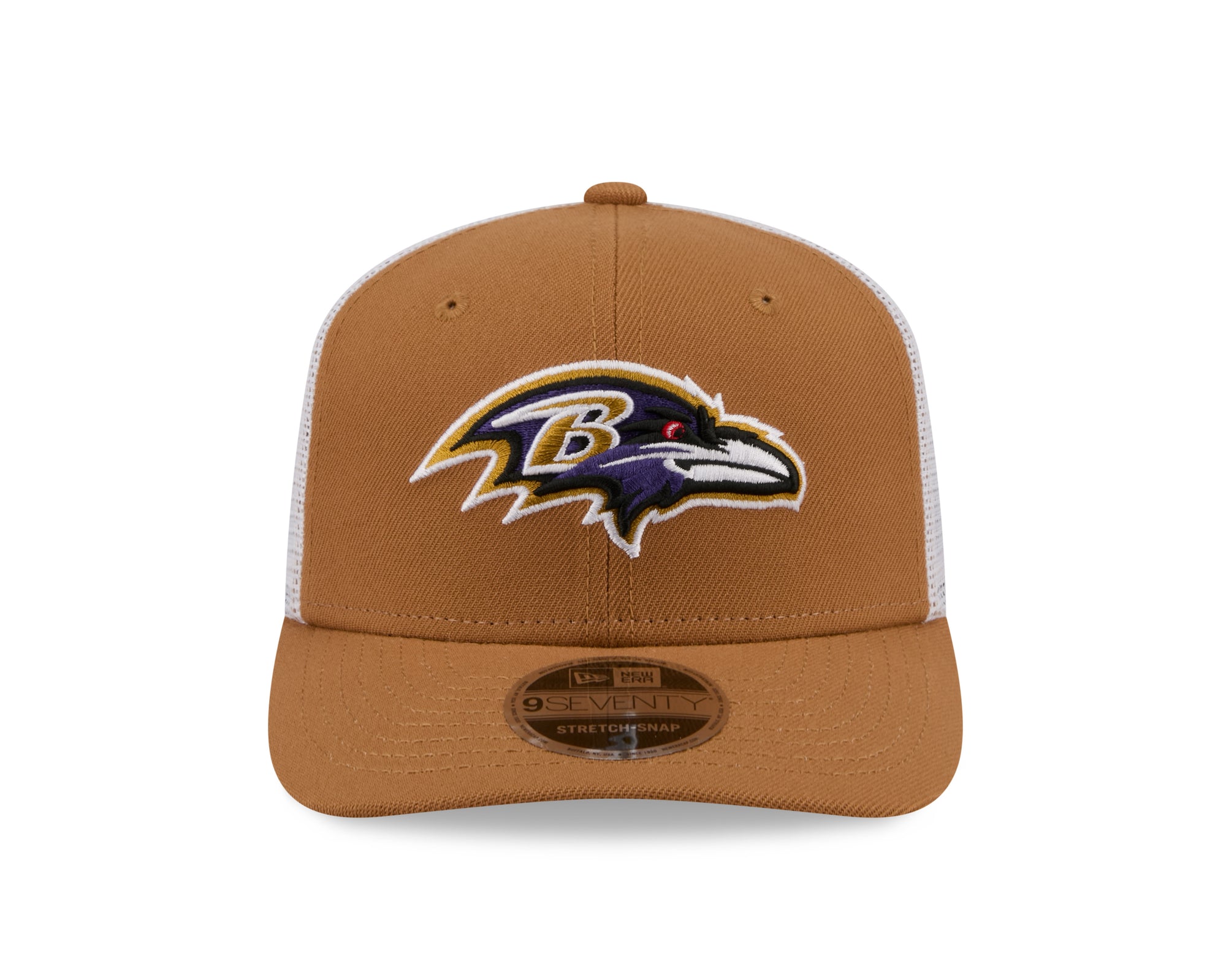Neue Era Baltimore Ravens 9SEVENTY Stretch-Snap Trucker Cap in Beige, mit Team-Logo und verstellbarem Snap-Verschluss