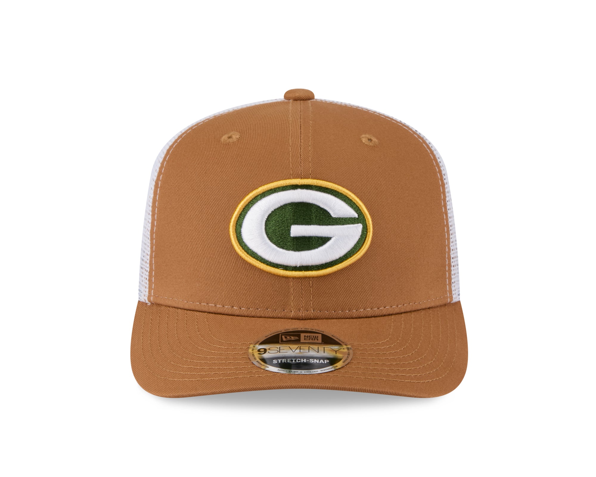 Grüne Bay Packers New Era 9SEVENTY Trucker Cap in Beige mit Stretch-Snap-Verschluss, NFL-Team, Kanäle, Front-Logo sichtbar