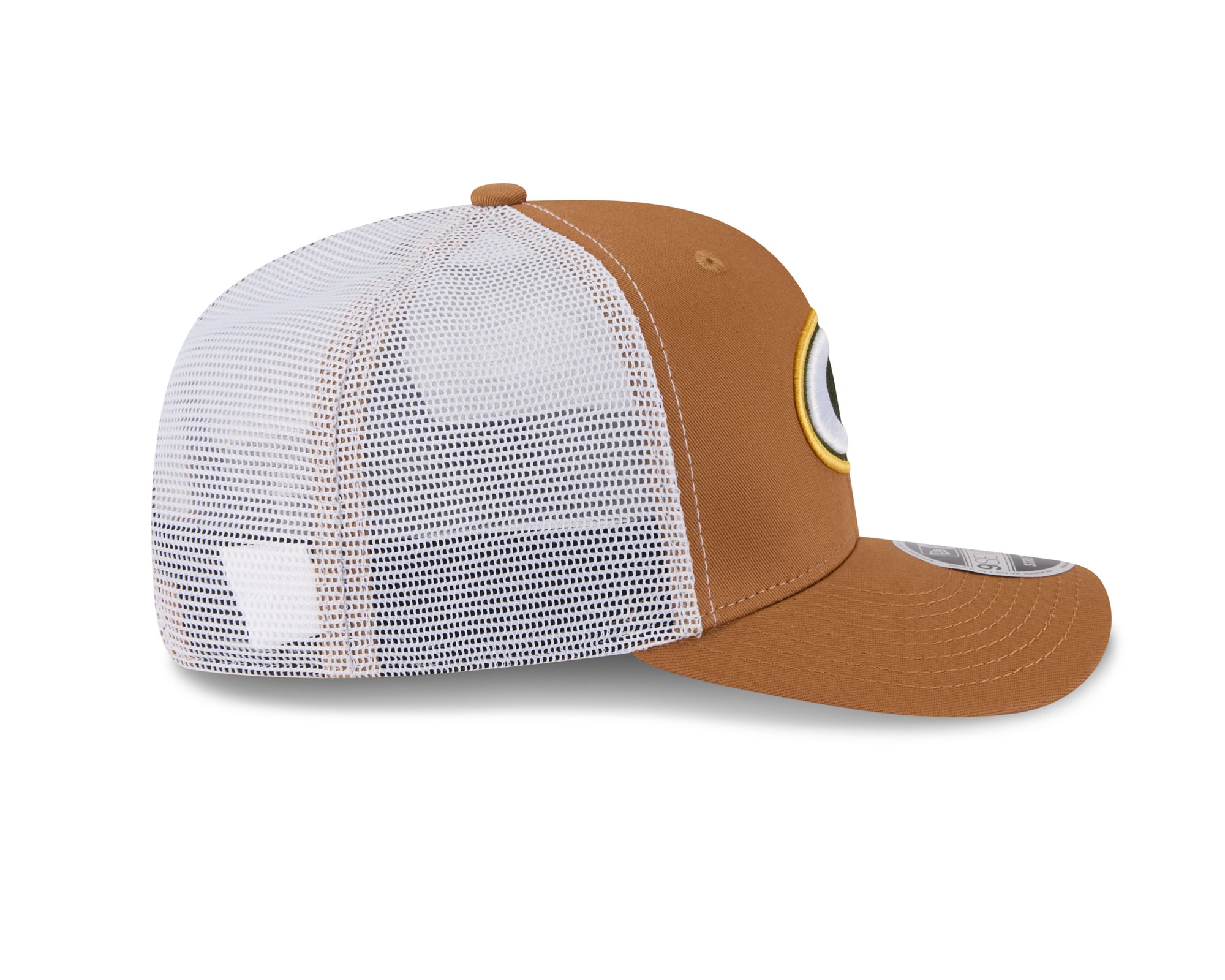 Grüne Green Bay Packers New Era 9SEVENTY Trucker Cap mit beige Stretch-Snap-Design, seitliche Ansicht