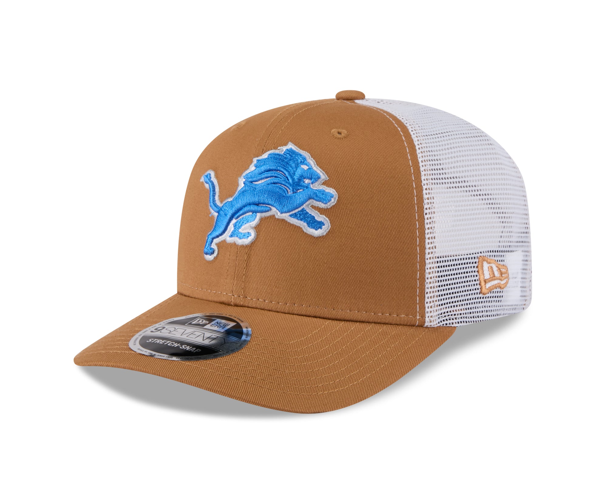 Beige Cap von New Era mit Detroit Lions 9SEVENTY Stretch-Snap Trucker NFL-Design, gebogenem Schirm und gestepptem Style