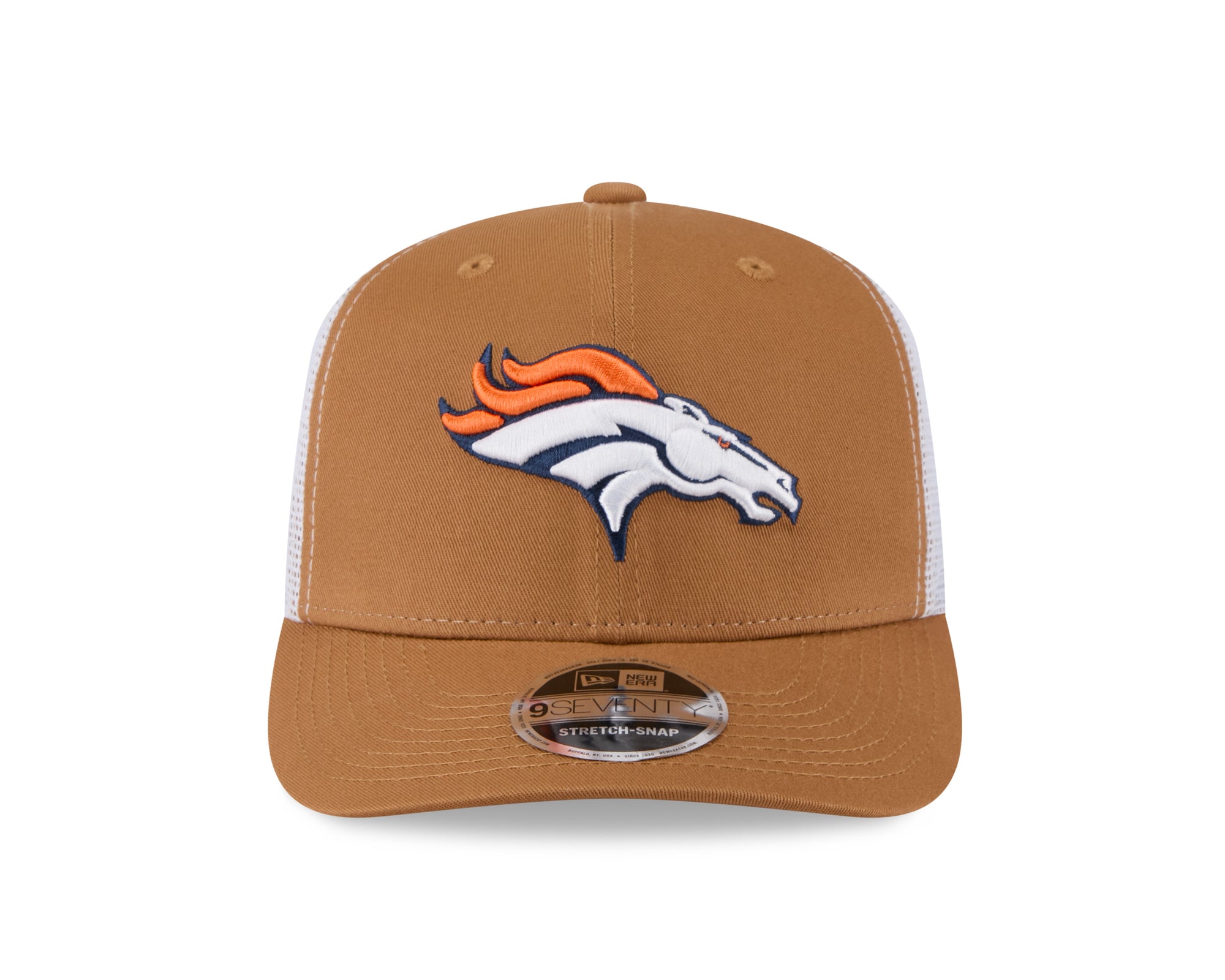 Neue Era Denver Broncos 9SEVENTY Stretch-Snap Trucker Cap in Beige, mit NFL-Logo und Mesh-Rückseite