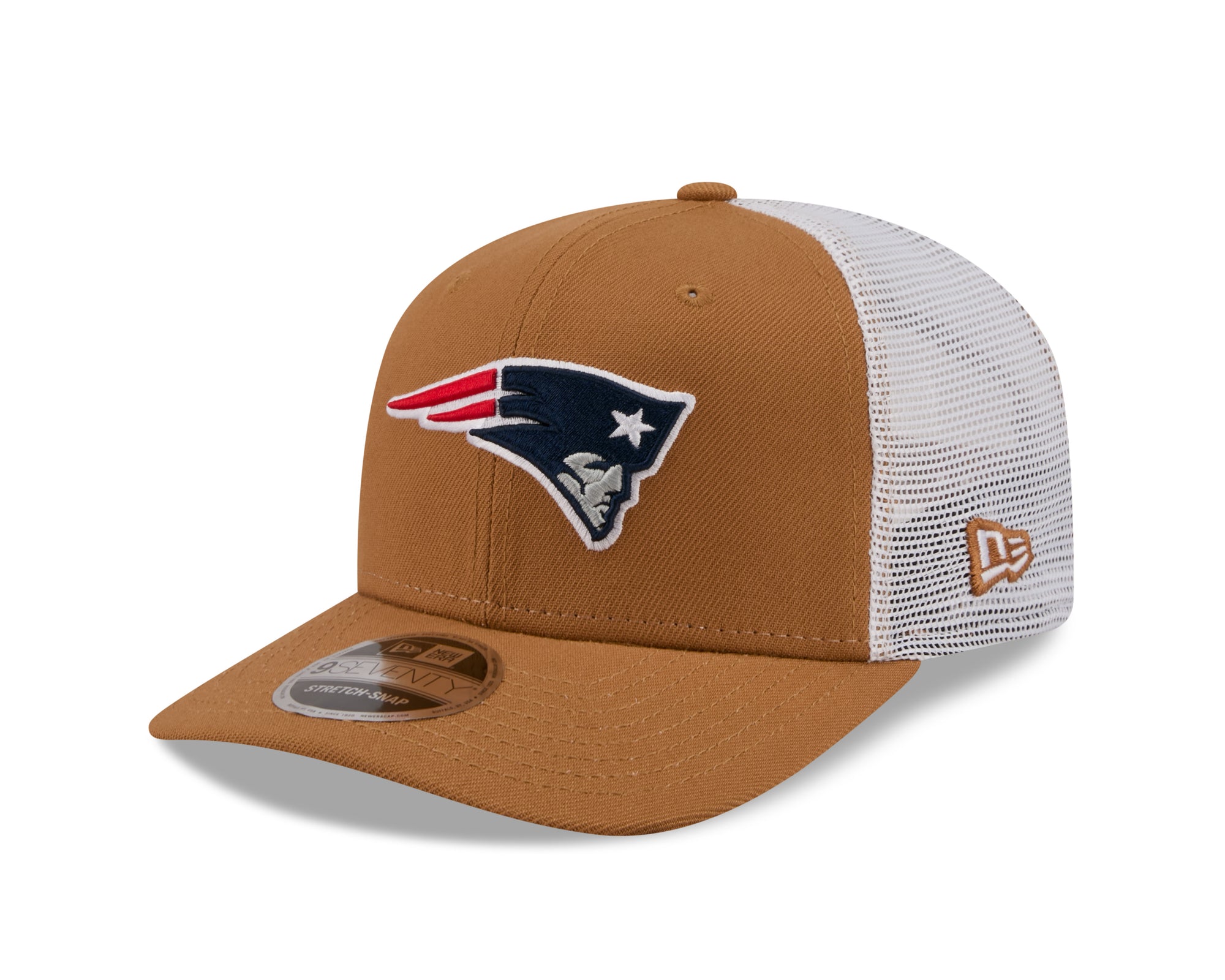 Neue England Patriots New Era 9SEVENTY Trucker Cap in Beige, mit Stretch-Snap-Verschluss und NFL-Logo auf der Vorderseite