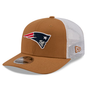 Neue England Patriots New Era 9SEVENTY Trucker Cap in Beige, mit Stretch-Snap-Verschluss und NFL-Logo auf der Vorderseite