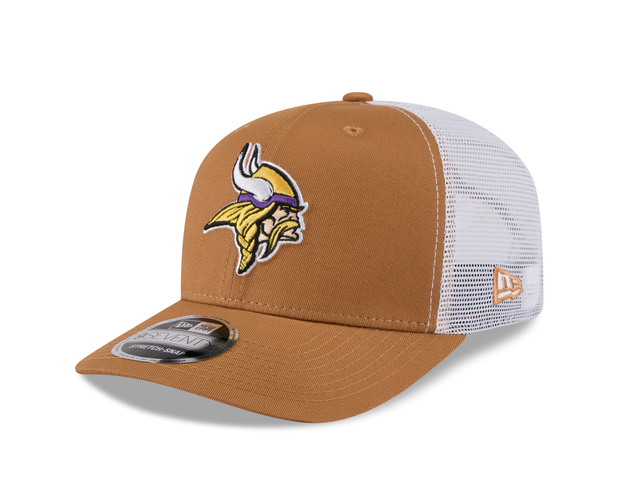 Minnesota Vikings New Era 9SEVENTY Stretch-Snap Trucker NFL Cap in beigem Stoff mit Logo und Mesh-Design