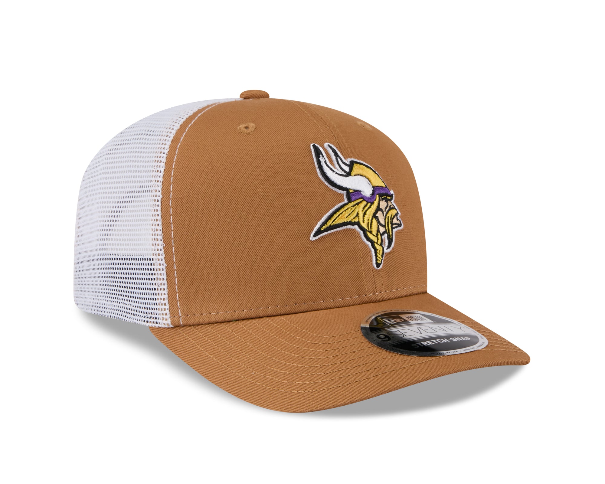 Neue Era Minnesota Vikings 9SEVENTY Trucker Cap in Beige mit Stretch-Snap, NFL-Logo und Mesh-Rückseite, sportliches Cap-Design