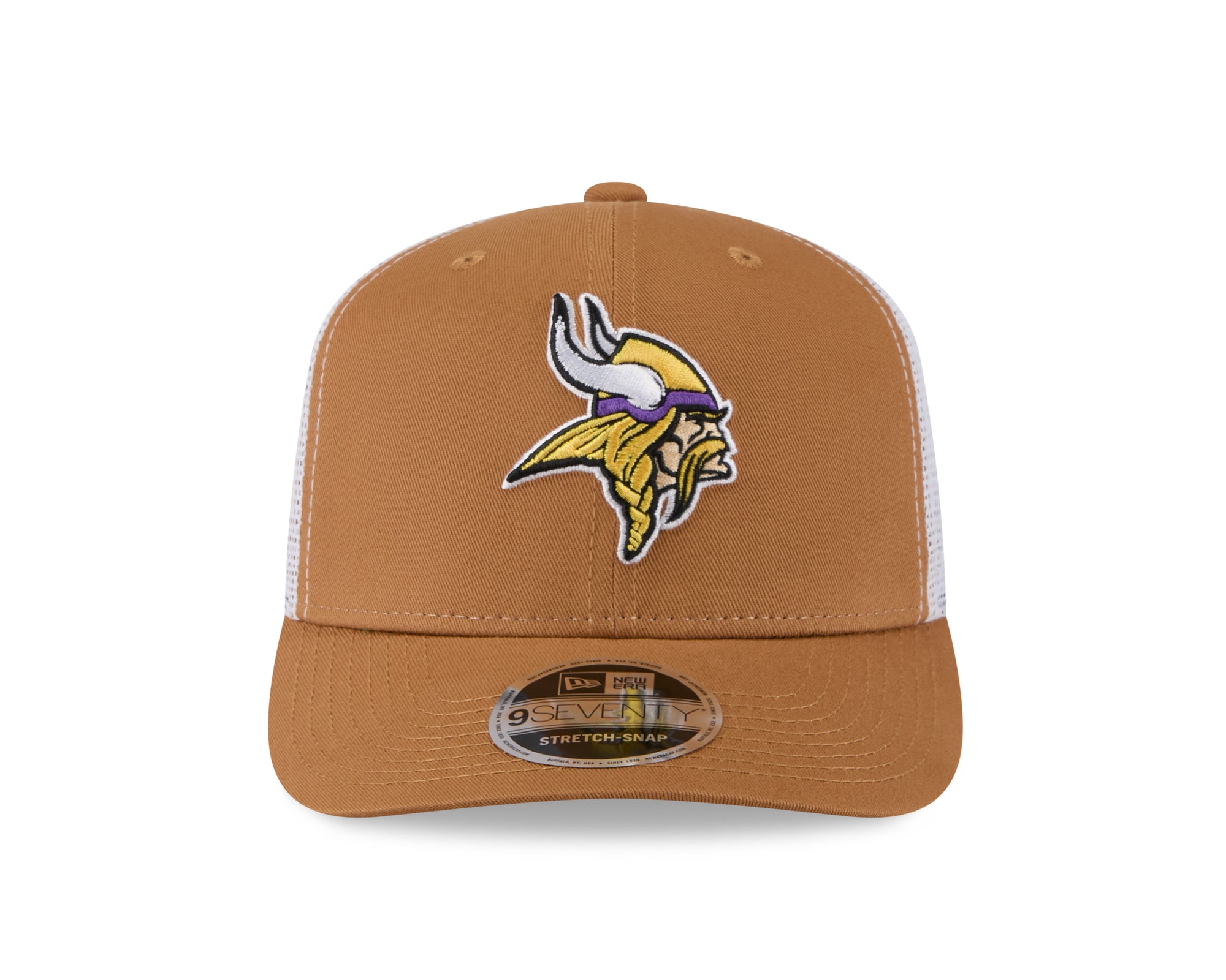 Neue Era Minnesota Vikings 9SEVENTY Stretch-Snap Trucker Cap in Beige, mit verstellbarem Schnappverschluss und Vikings-Logo.