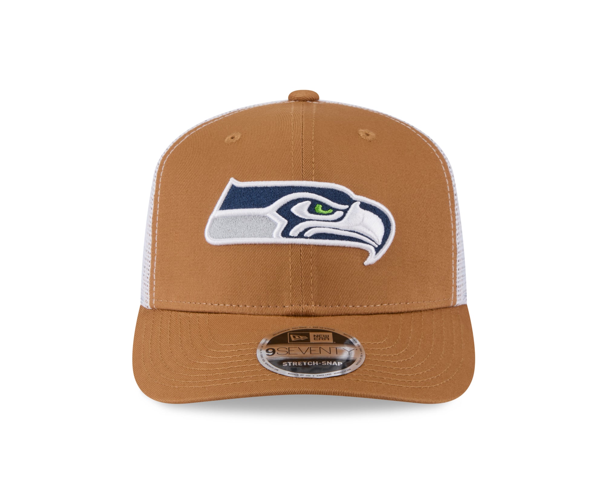 Neue Era Seattle Seahawks 9SEVENTY Stretch-Snap Trucker Cap in Beige, NFL-Logo sichtbar, mit gestreiftem Schirm