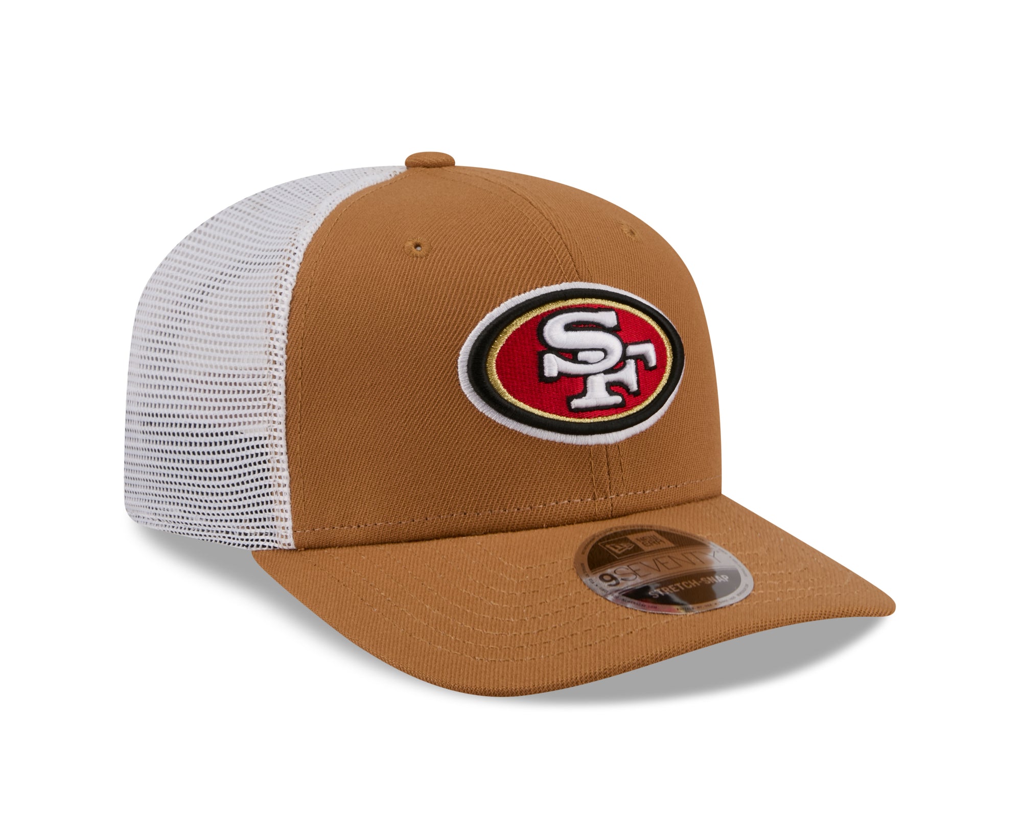 Beige New Era 49ers 9SEVENTY Trucker Cap mit Stretch-Snap-Verschluss, NFL-Logo auf der Vorderseite, sportliches Design