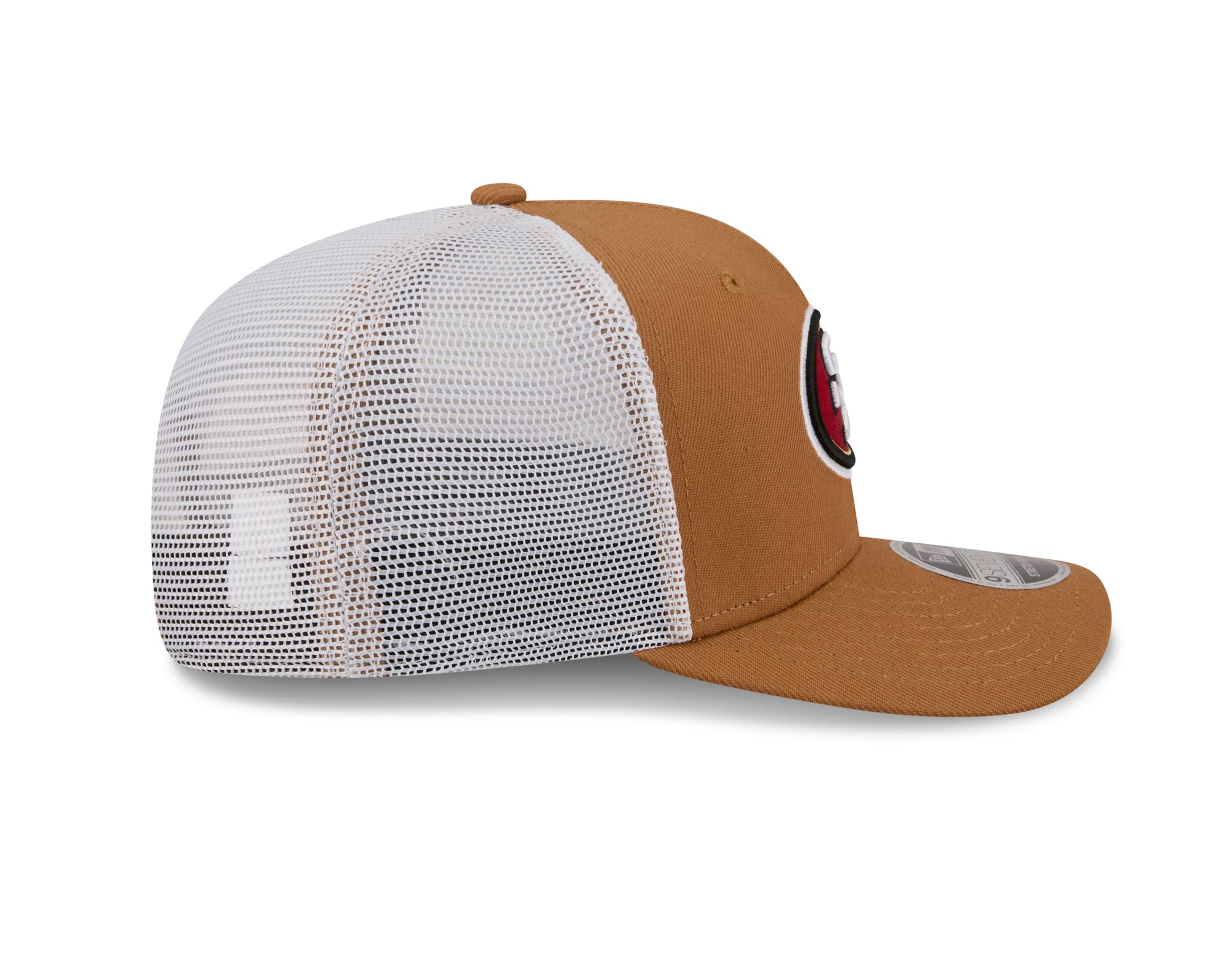 Neue Era Cap San Francisco 49ers 9SEVENTY Trucker Cap beige mit Stretch-Snap-Verschluss und NFL-Logo, seitliche Ansicht