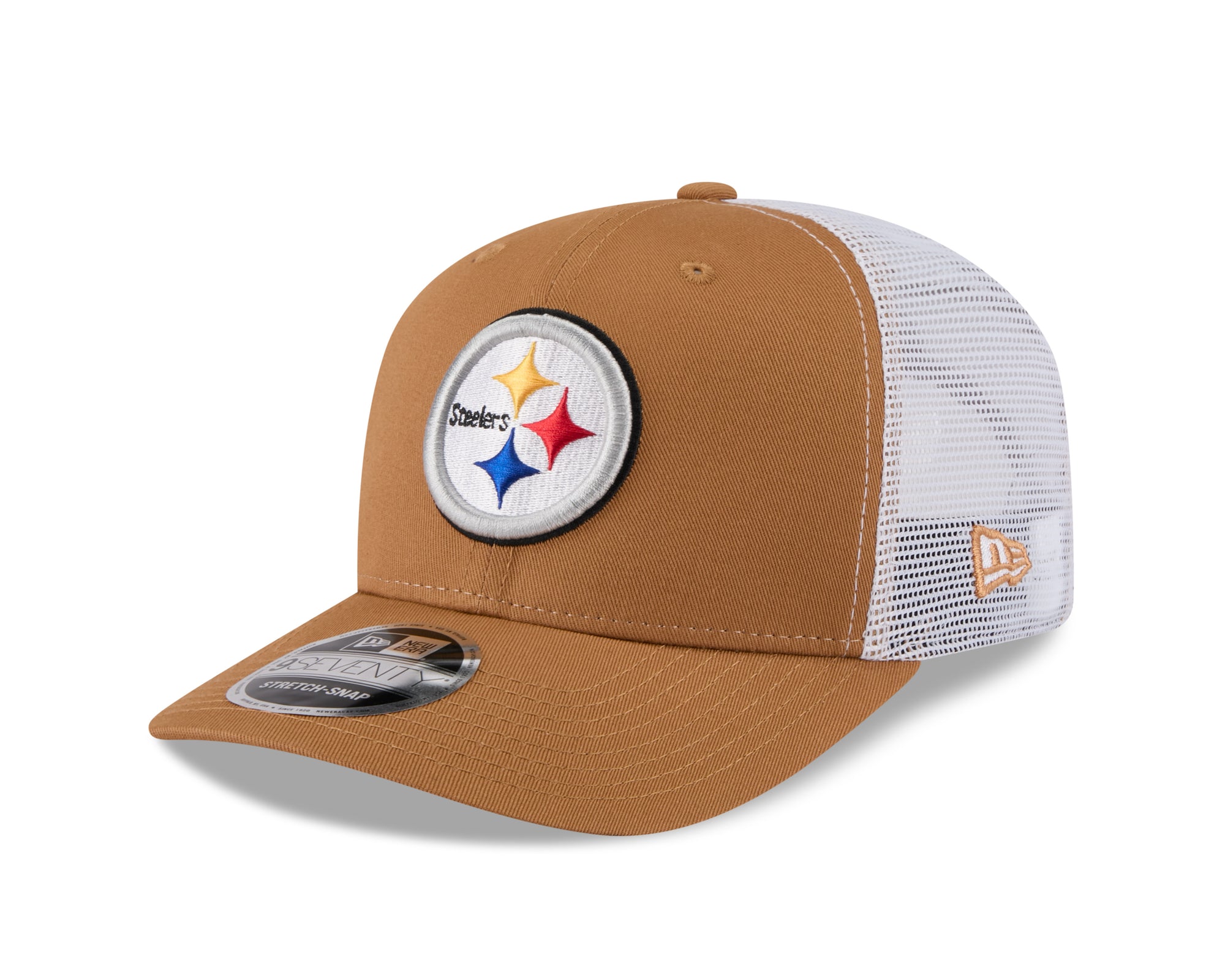 Neue Era Pittsburgh Steelers 9SEVENTY Stretch-Snap Trucker Cap in Beige mit NFL-Logo, strukturierter Baumwollstoff, bequemer Schnitt