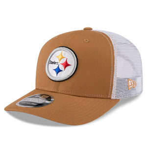 Neue Era Pittsburgh Steelers 9SEVENTY Stretch-Snap Trucker Cap in Beige mit NFL-Logo, strukturierter Baumwollstoff, bequemer Schnitt