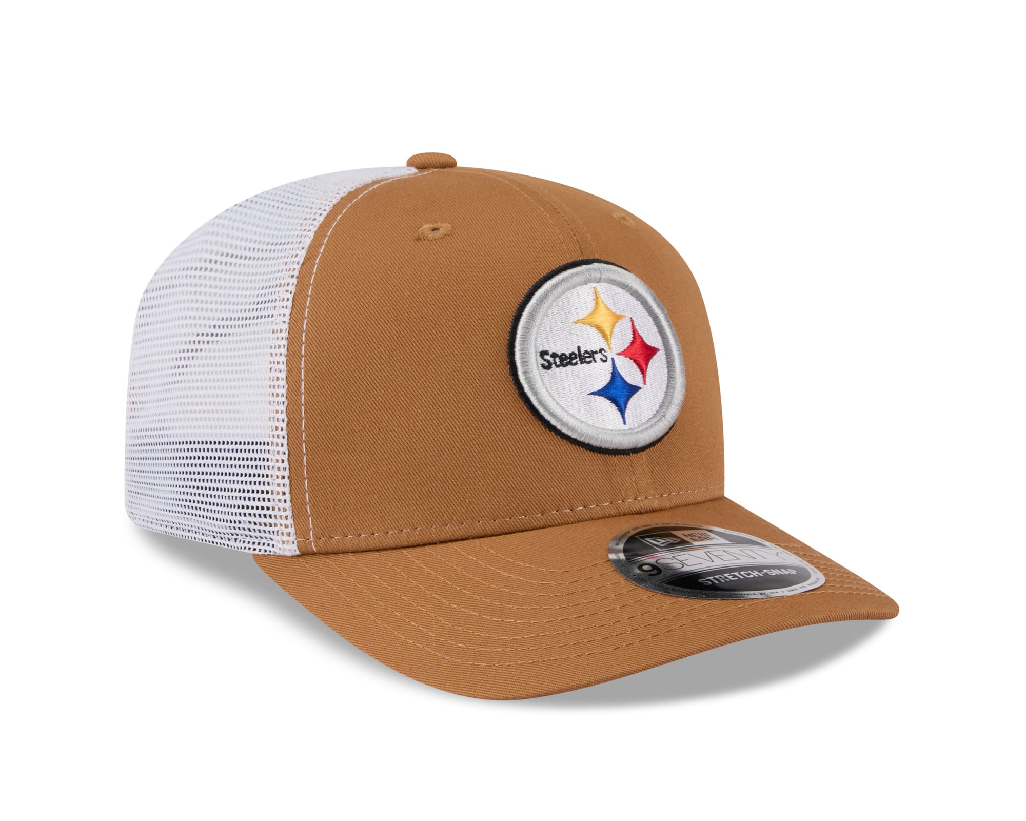 Neue Era Pittsburgh Steelers 9SEVENTY Stretch-Snap Trucker Cap in Beige mit NFL-Logo, robuste Baumwollkappe mit verstellbarem Snap-Verschluss.