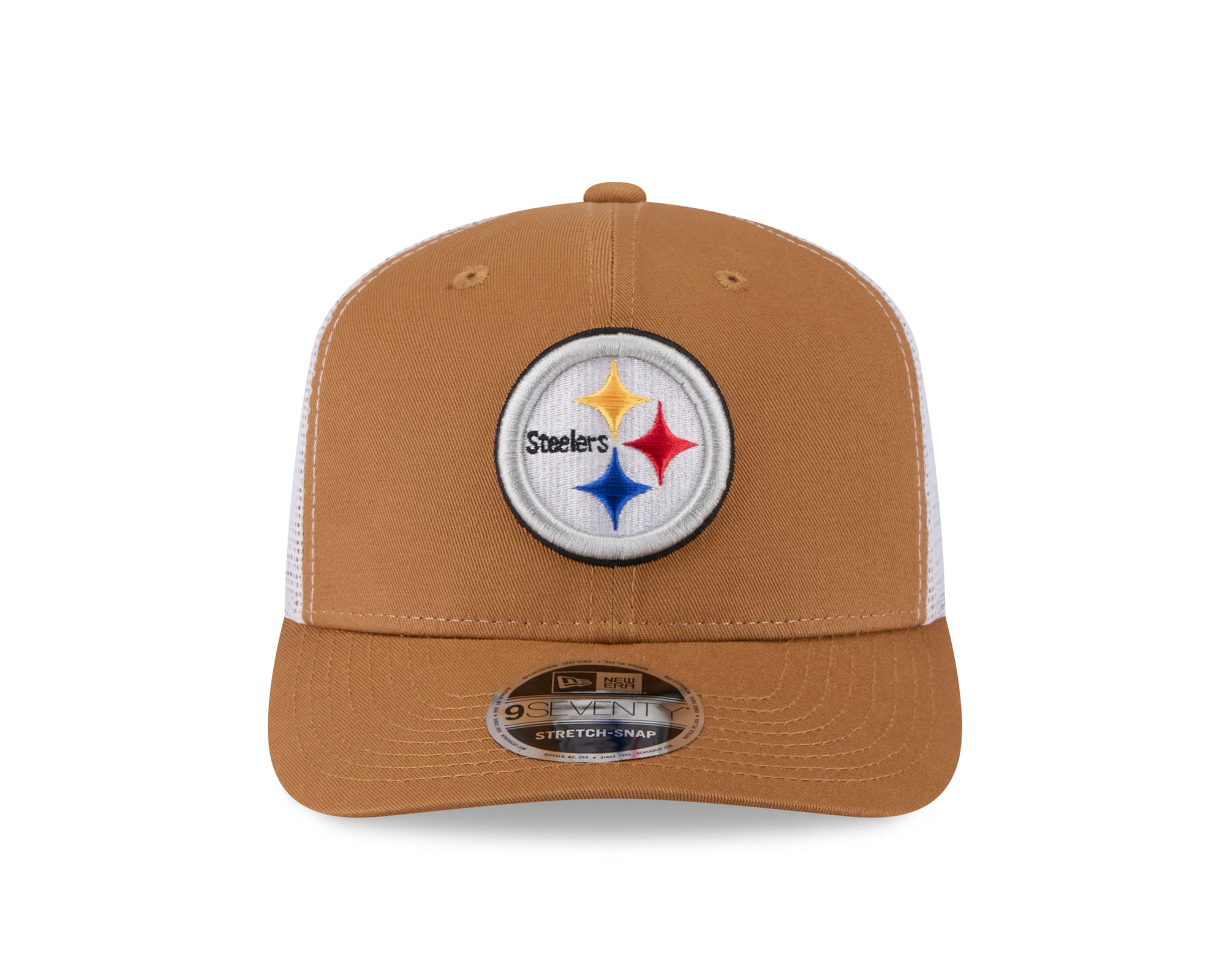 Neue Era Pittsburgh Steelers 9SEVENTY Cap, beige Trucker-Mütze mit Stretch-Snap-Verschluss, NFL-Logo auf der Vorderseite