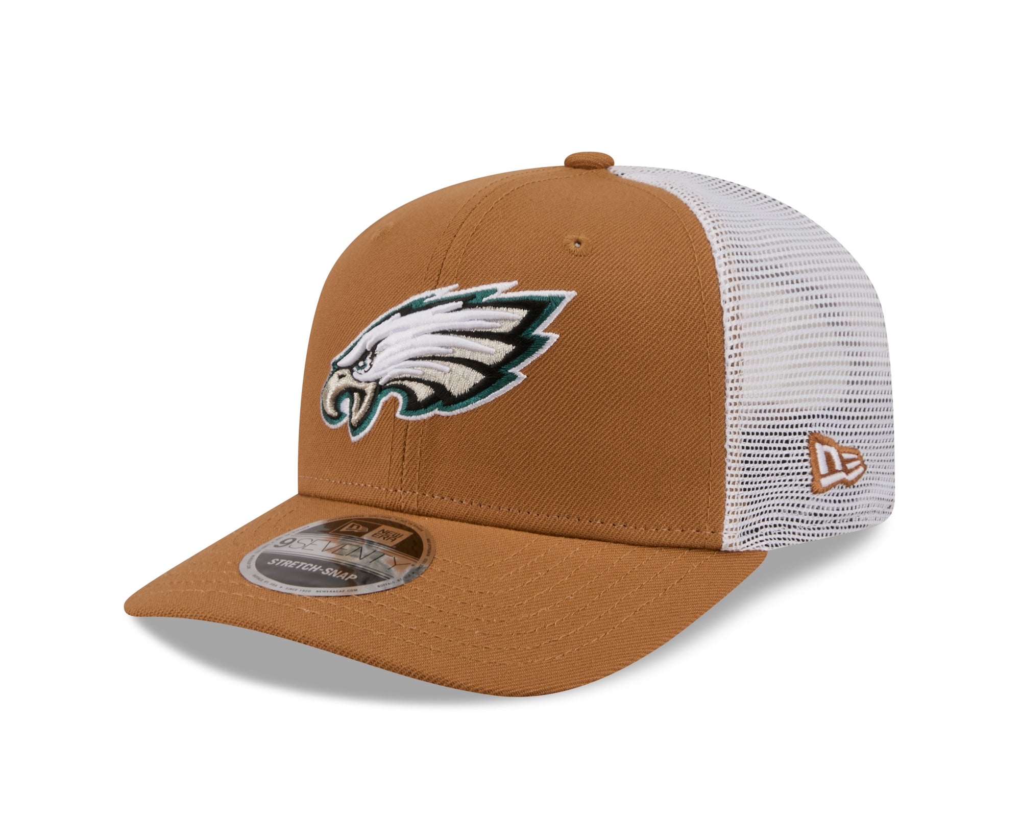Neue Era Philadelphia Eagles 9SEVENTY Trucker Cap in beigem Stoff mit Snap-Verschluss und NFL-Logo auf der Vorderseite