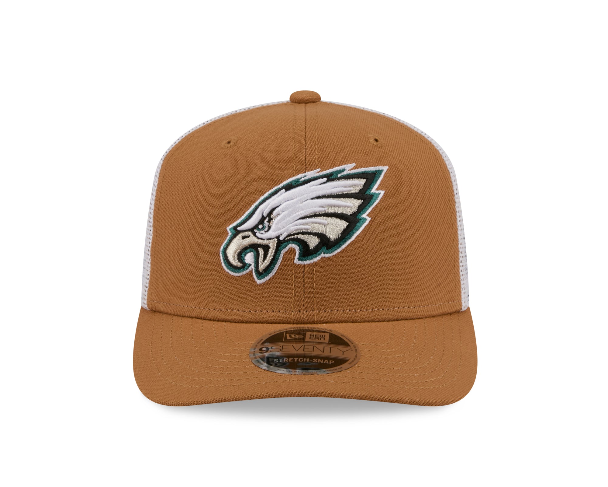 Neue Era Philadelphia Eagles 9SEVENTY Stretch-Snap Trucker Cap in Beige, NFL-Logo, Mesh-Design, bequeme Passform