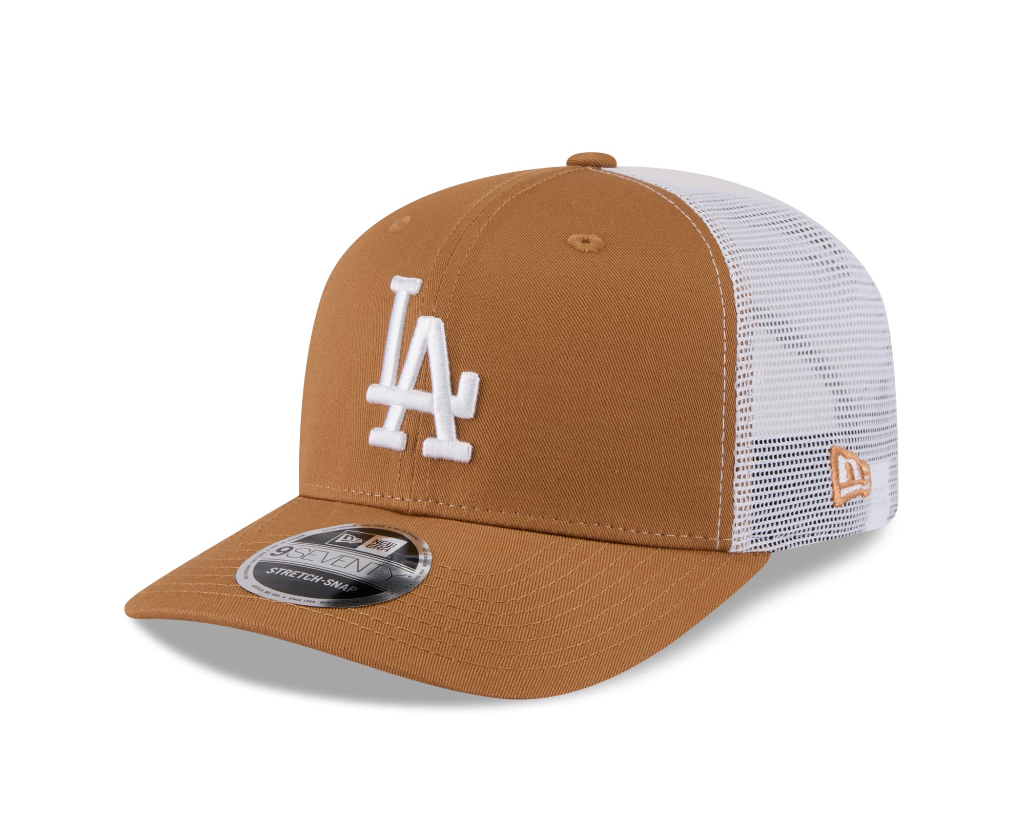 Neue Era Los Angeles Dodgers 9SEVENTY Trucker Cap in Beige mit Stretch-Snap-Verschluss, sportliches MLB-Design
