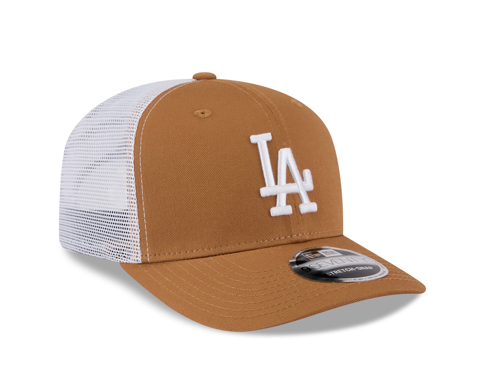 Neue Era Los Angeles Dodgers 9SEVENTY Trucker Cap in Beige mit Snap-Verschluss und MLB-Logo, gestretchtes Design.
