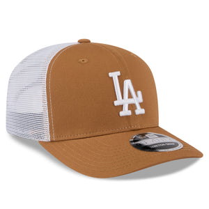 Neue Era Los Angeles Dodgers 9SEVENTY Trucker Cap in Beige mit Snap-Verschluss und MLB-Logo, gestretchtes Design.