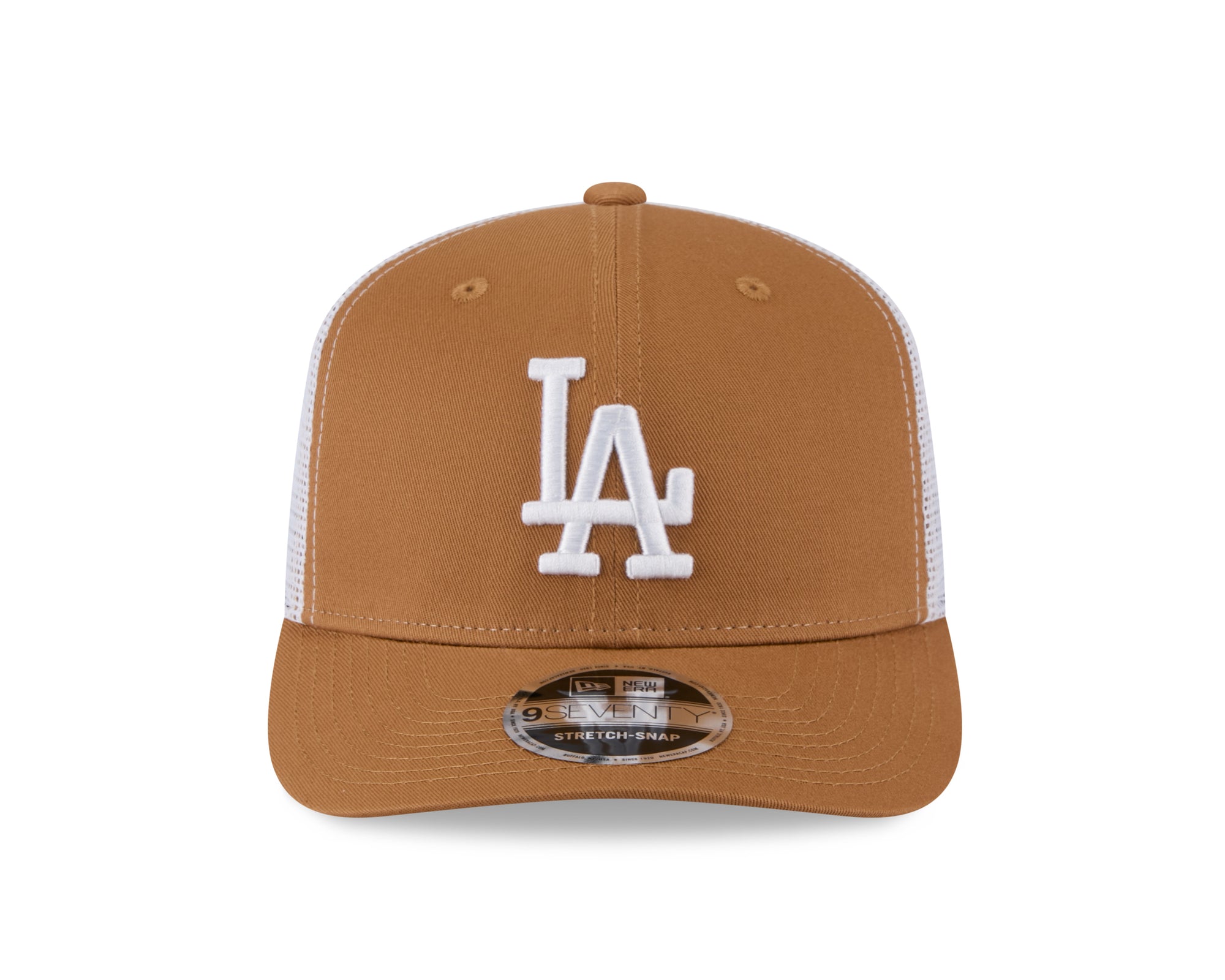 Beige MLB Cap von NEW ERA, Los Angeles Dodgers 9SEVENTY Stretch-Snap Trucker Cap, mit Logo und Mesh-Design.