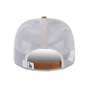 Neue Era Los Angeles Dodgers 9SEVENTY Trucker Cap in Beige mit Stretch-Snap-Verschluss, hochwertiges Baseball-Cap