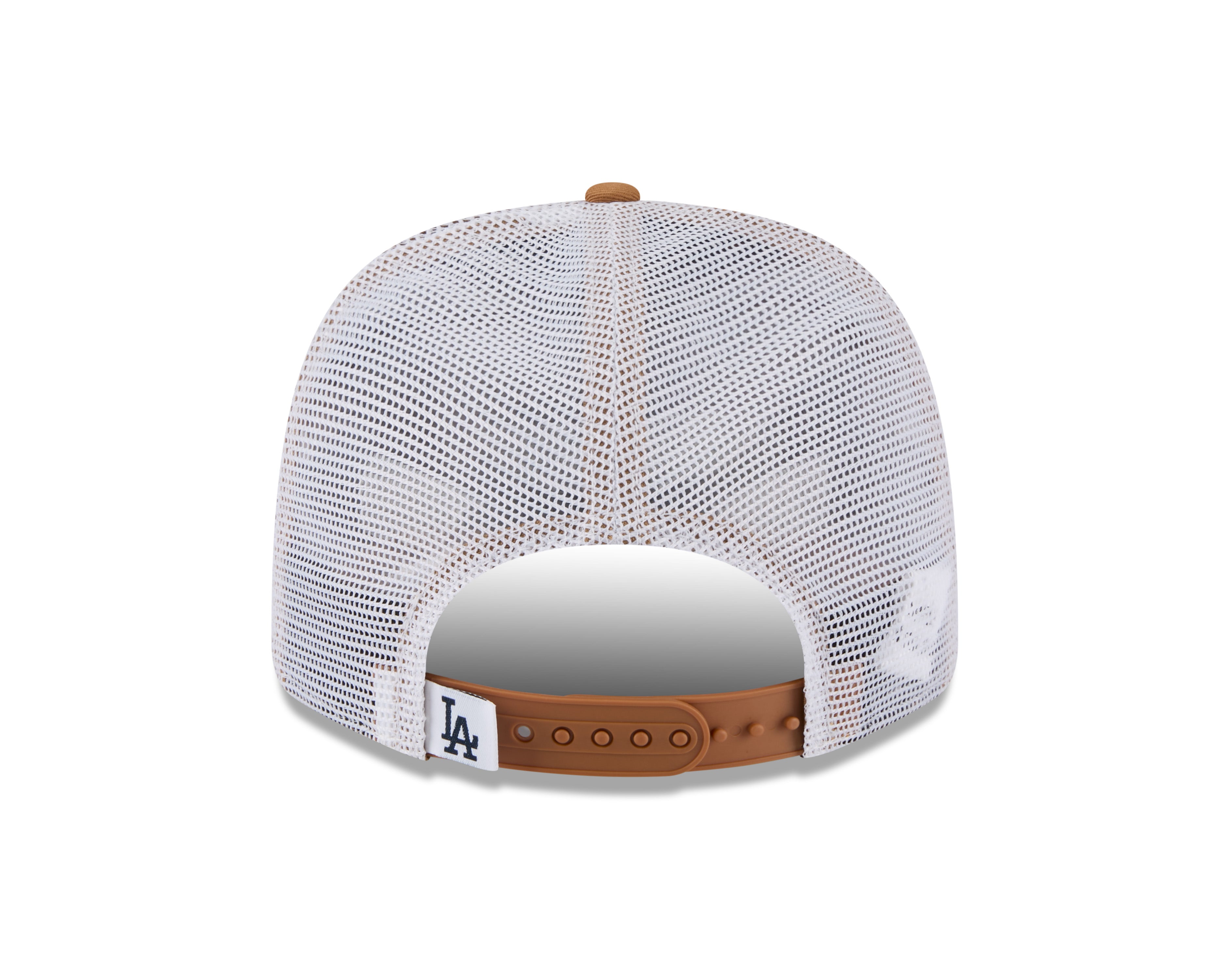 Neue Era Los Angeles Dodgers 9SEVENTY Trucker Cap in Beige mit Stretch-Snap-Verschluss, hochwertiges Baseball-Cap
