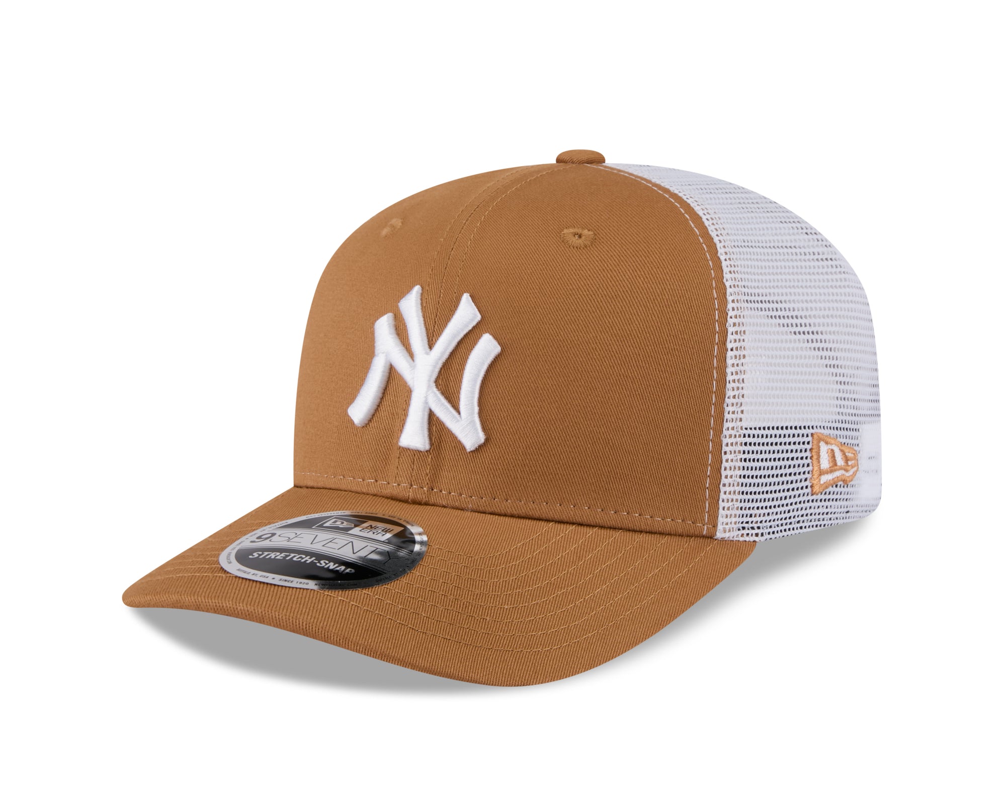 Neue York Yankees New Era 9SEVENTY Trucker Cap in Beige, mit Stretch-Snap-Verschluss und MLB-Logo auf der Vorderseite