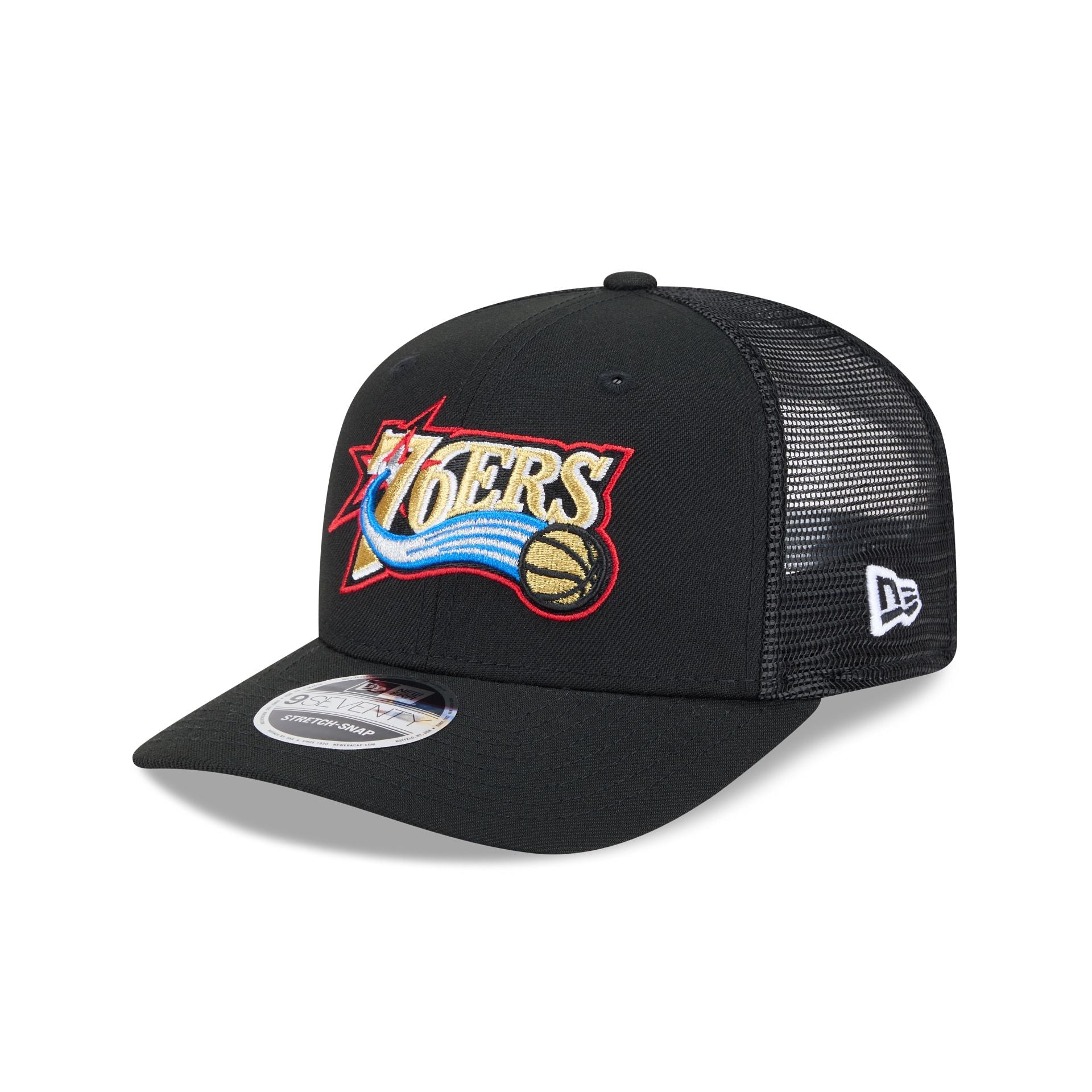 Philadelphia 76ers New Era Hardwood Classic Trucker Mesh NBA Cap Schwarz