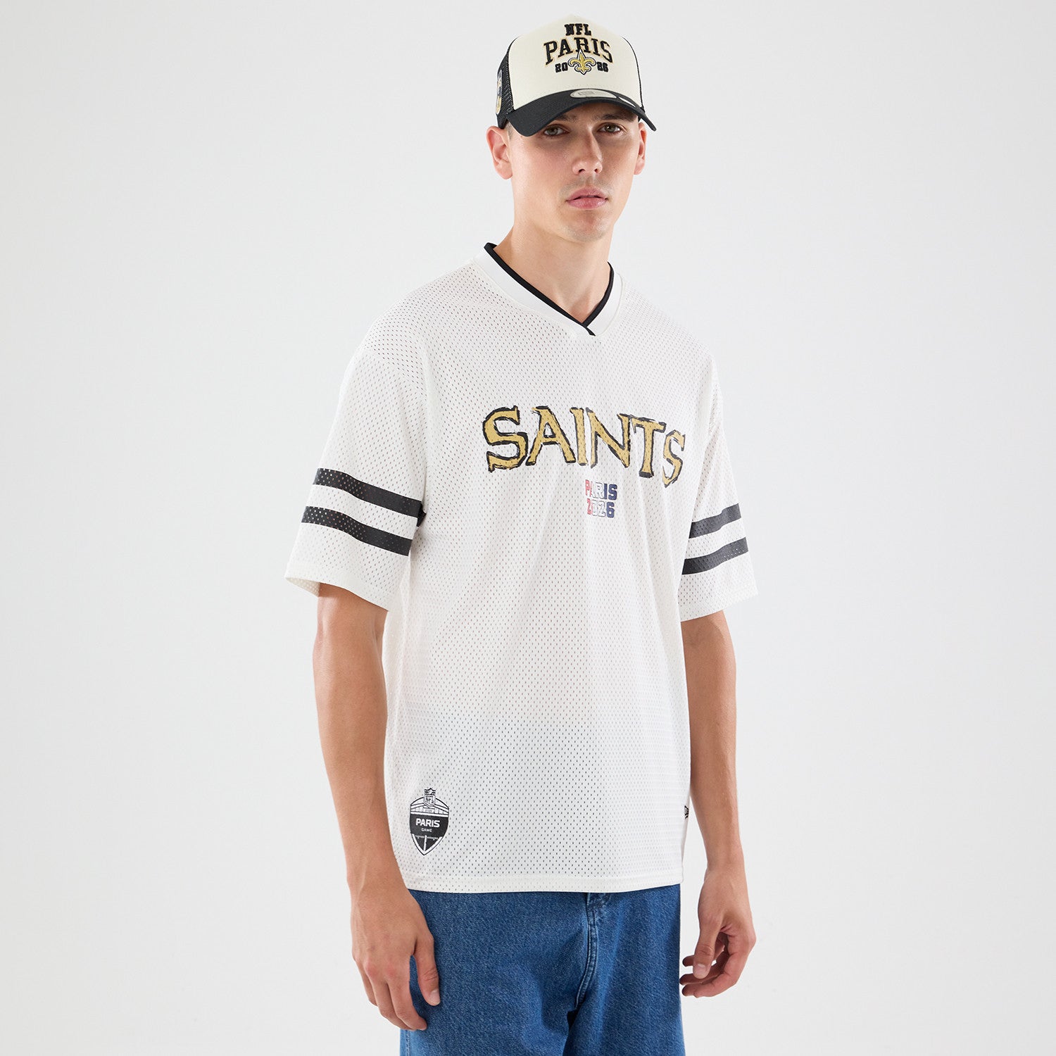 New Orleans Saints New Era 2026 Paris Game NFL Backprint Mesh Trikot Weiß