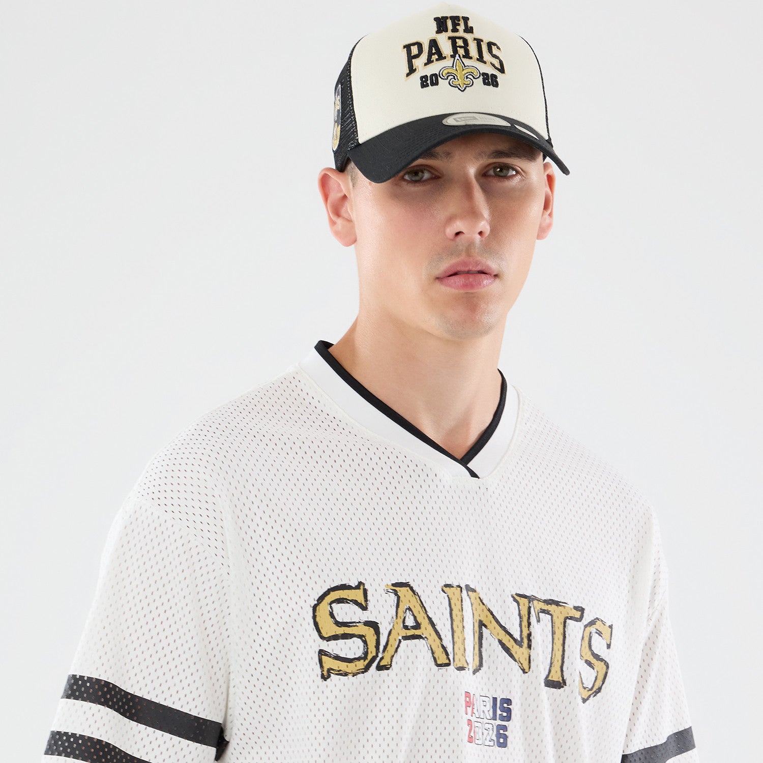 New Orleans Saints New Era 2026 Paris Game NFL Backprint Mesh Trikot Weiß