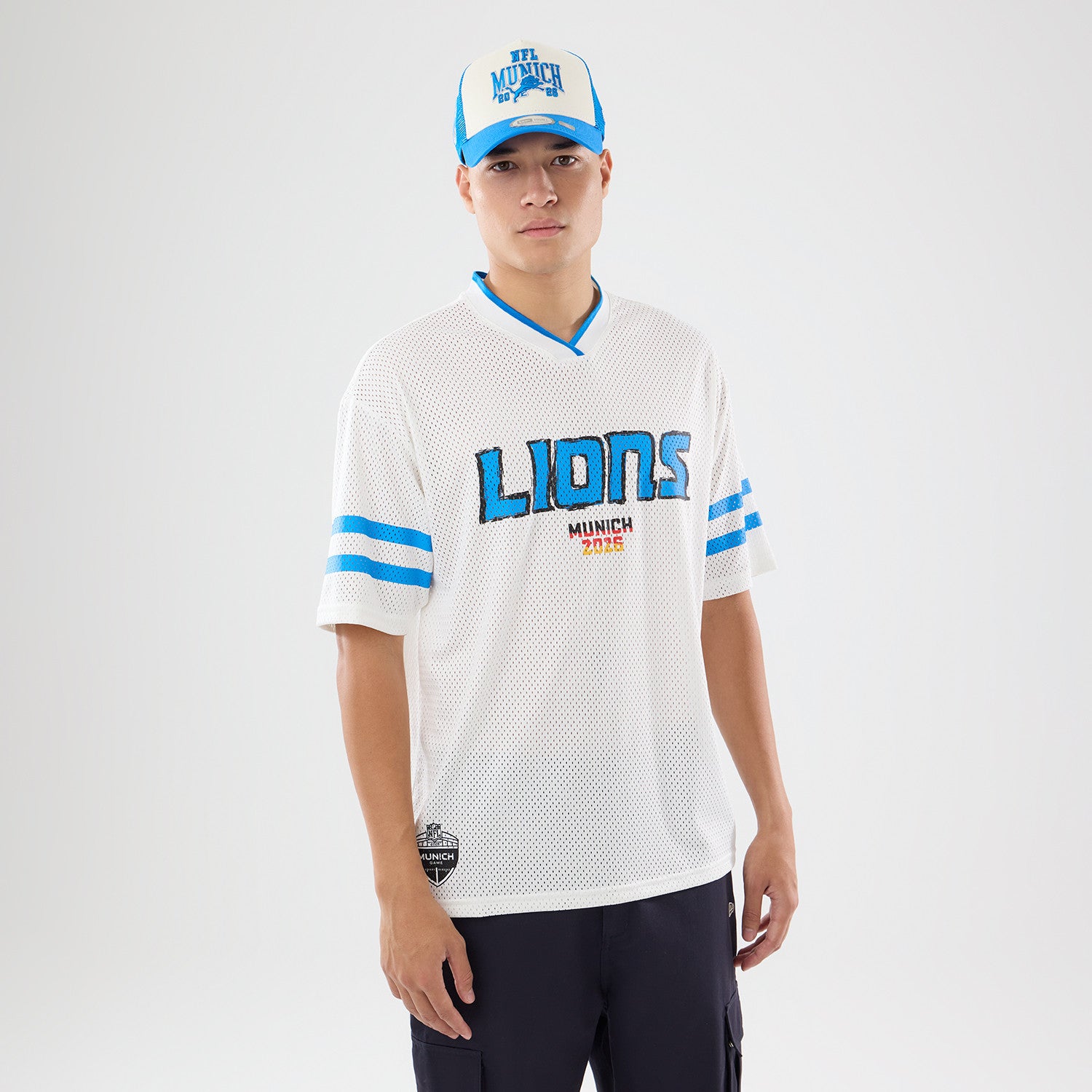 Detroit Lions New Era 2026 München Game NFL Backprint Mesh Trikot Weiß