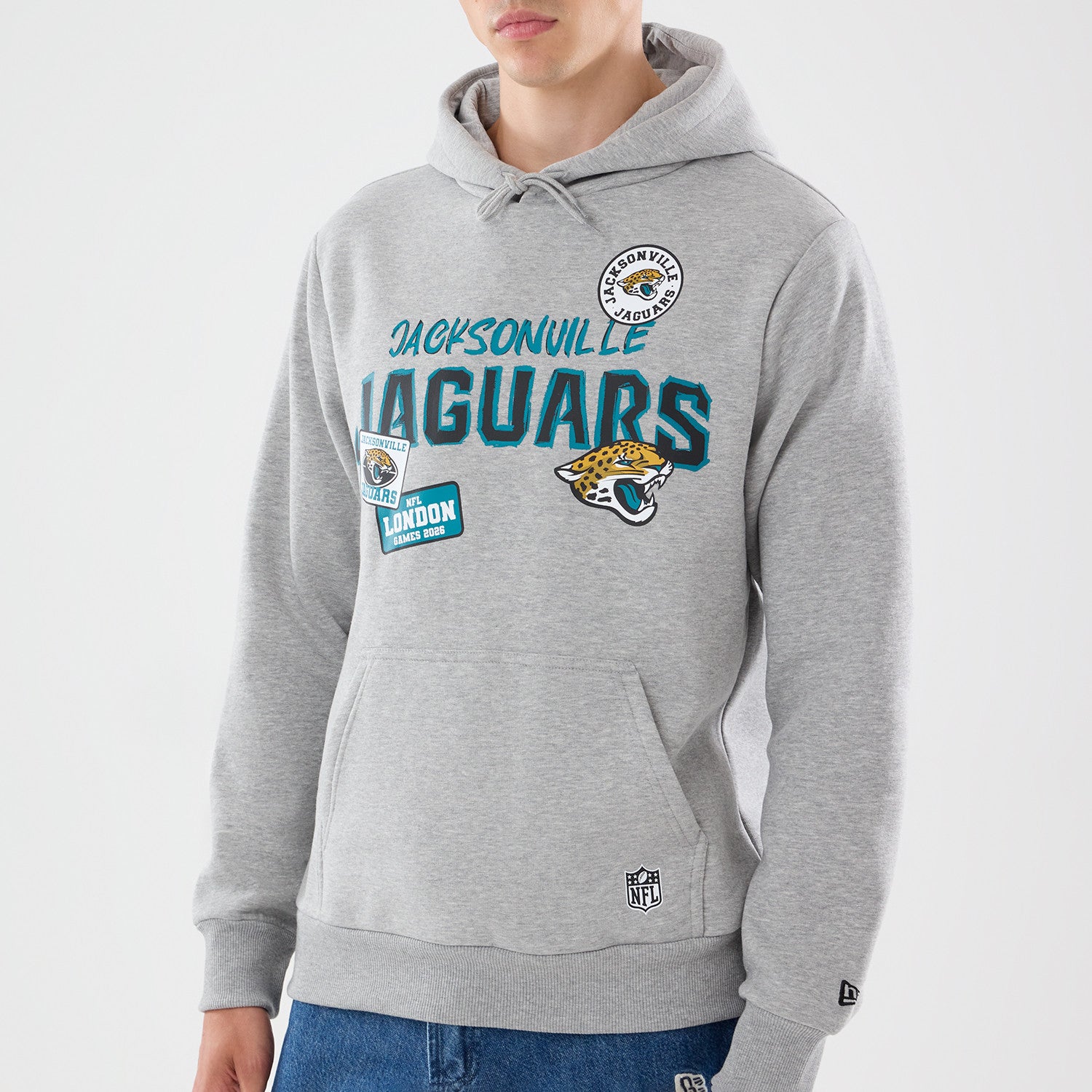 Jacksonville Jaguars New Era 2026 London Game Patches NFL Hoodie Grau