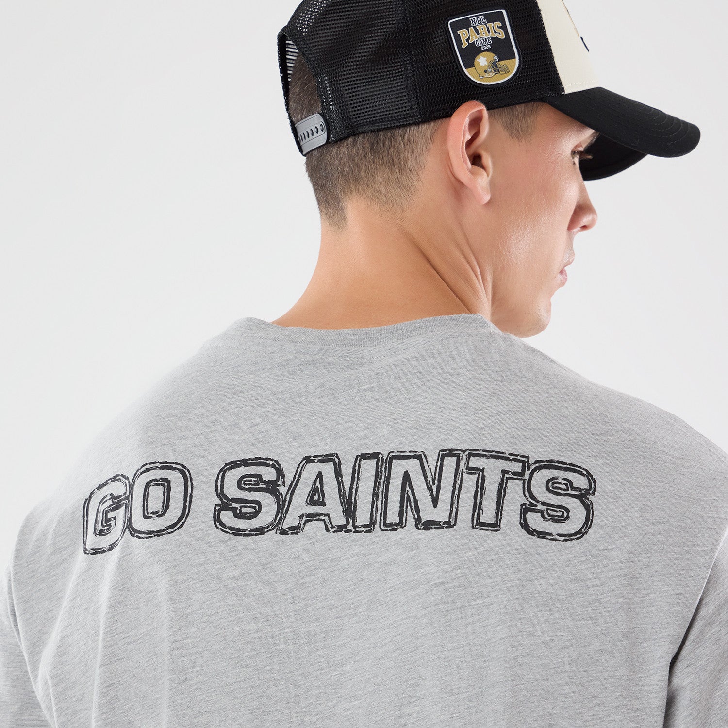 New Orleans Saints New Era 2026 Paris Game Backprint NFL T-Shirt Grau