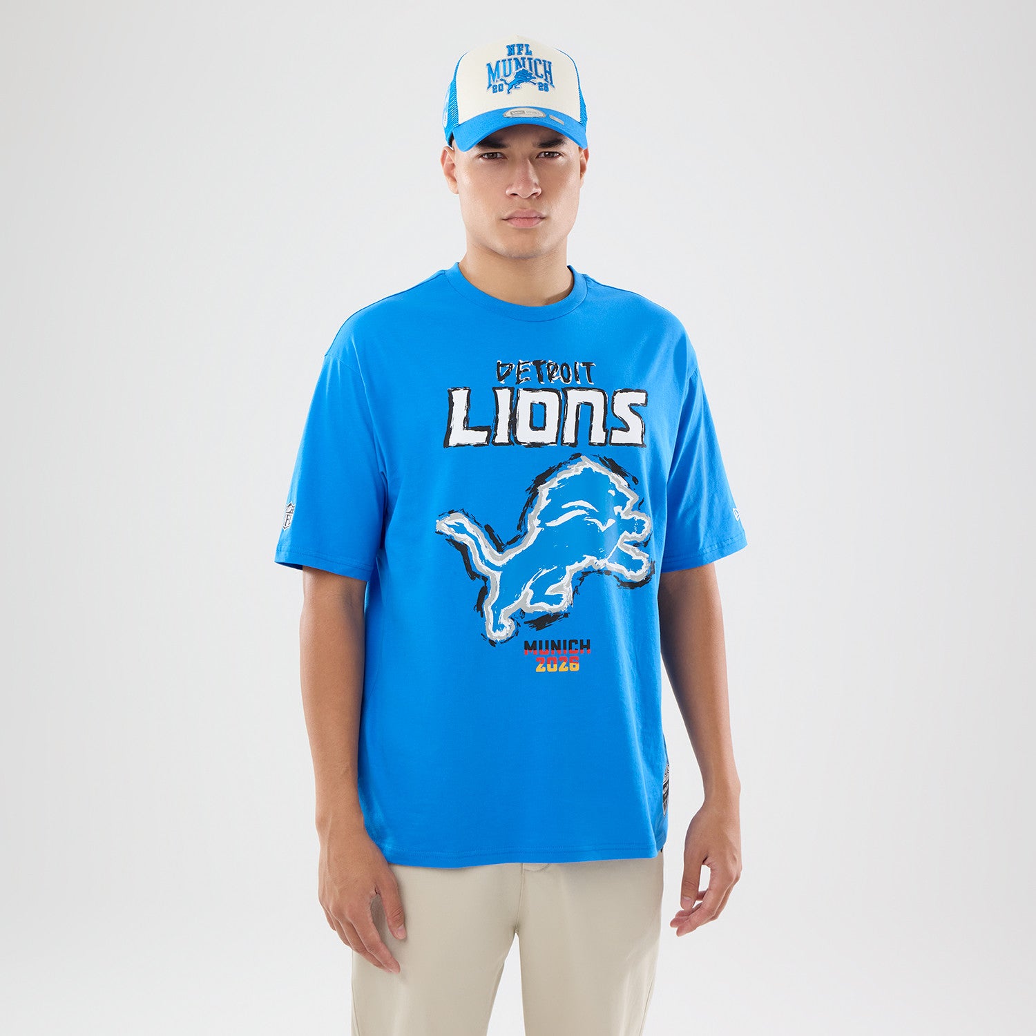 Detroit Lions New Era 2026 München Game Backprint NFL T-Shirt Blau
