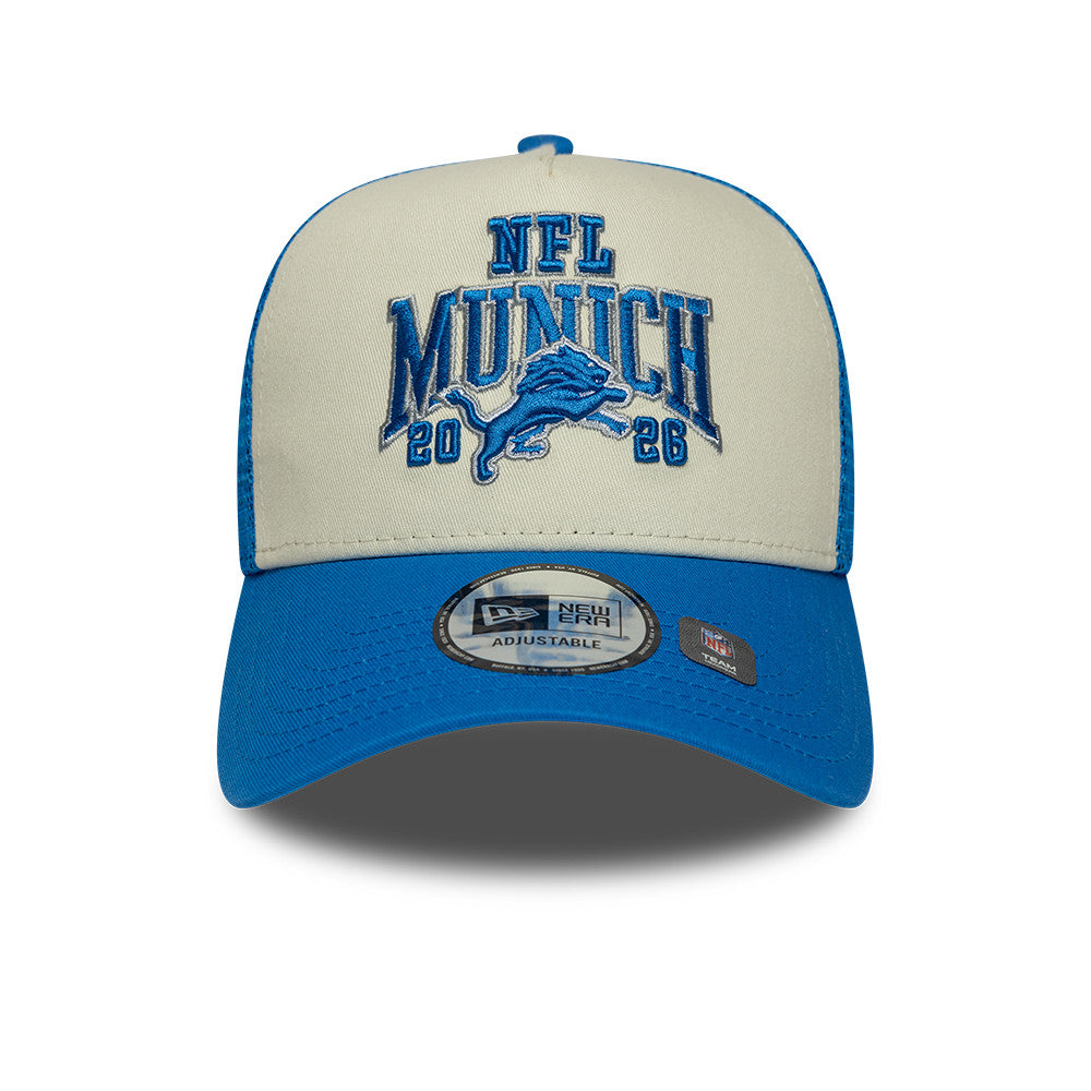 Detroit Lions New Era 2026 München Game 9FORTY A-Frame Trucker NFL Cap Blau