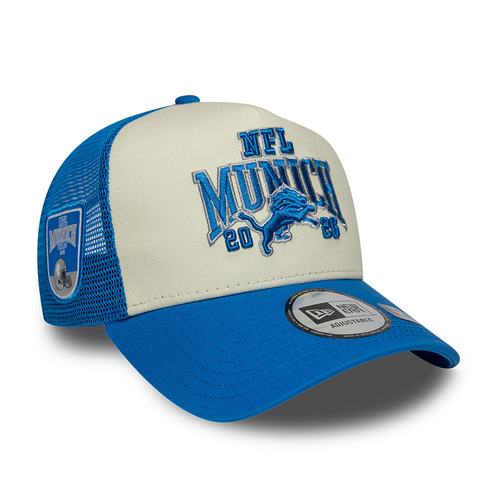 Detroit Lions New Era 2026 München Game 9FORTY A-Frame Trucker NFL Cap Blau
