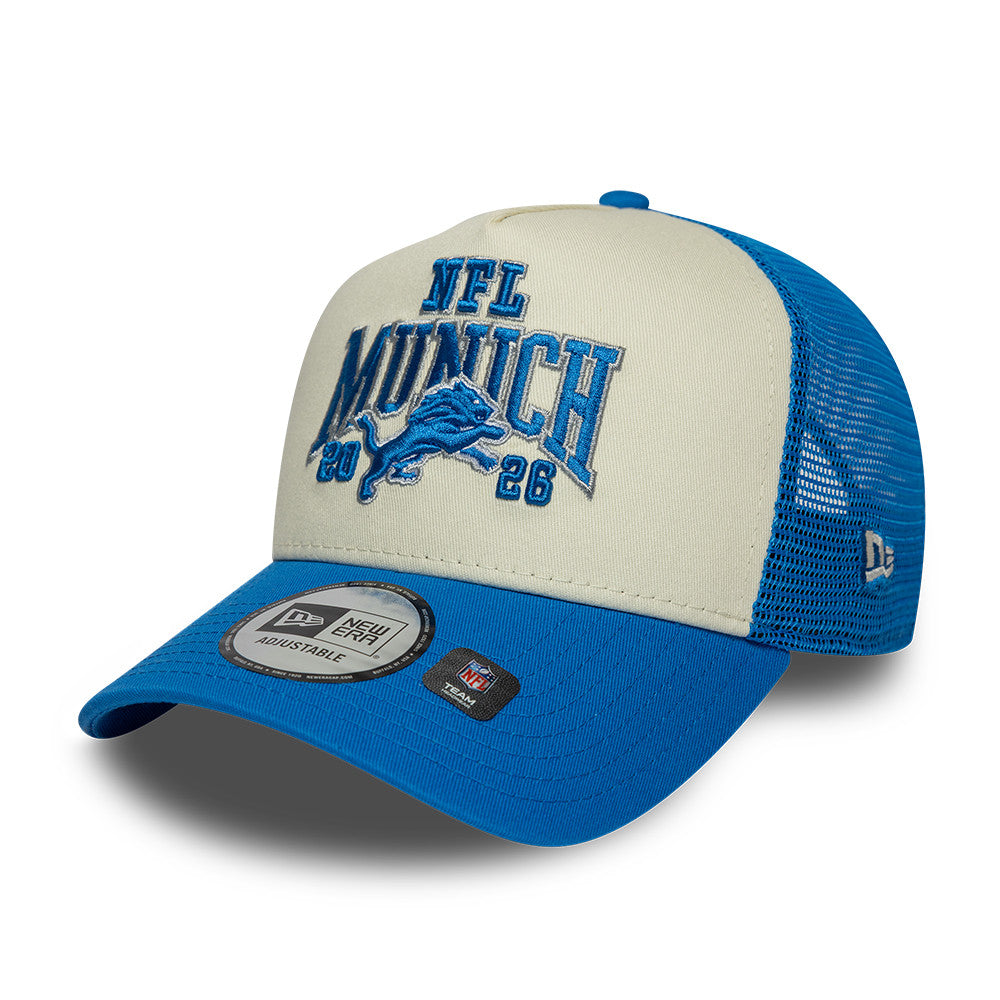 Detroit Lions New Era 2026 München Game 9FORTY A-Frame Trucker NFL Cap Blau