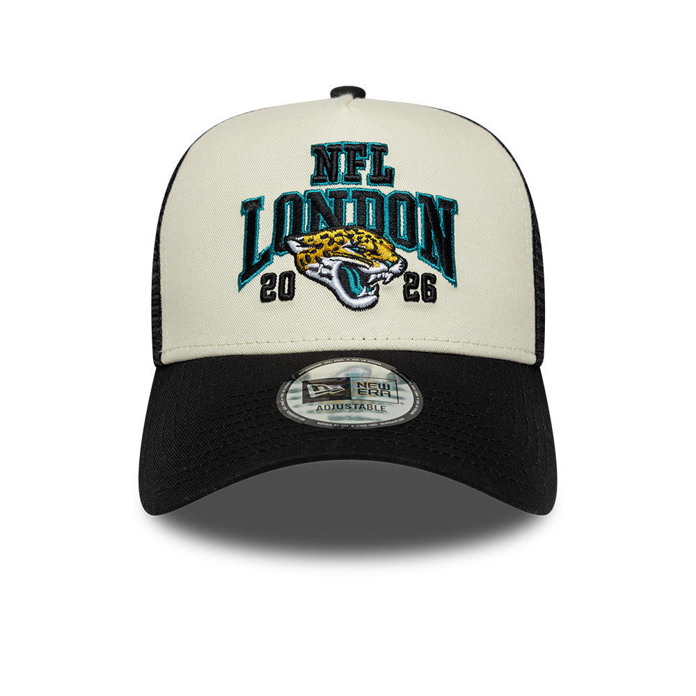 Jacksonville Jaguars New Era 2026 London Game 9FORTY A-Frame Trucker NFL Cap Schwarz