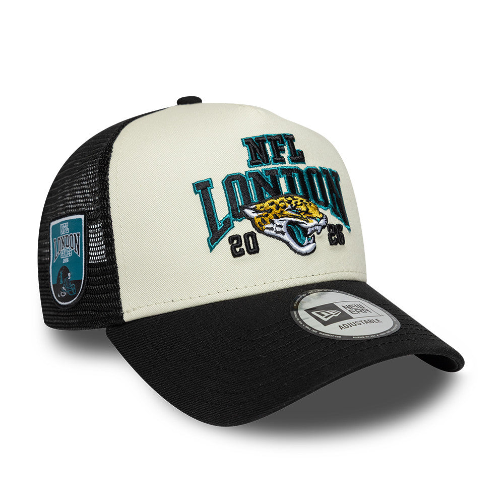 Jacksonville Jaguars New Era 2026 London Game 9FORTY A-Frame Trucker NFL Cap Schwarz