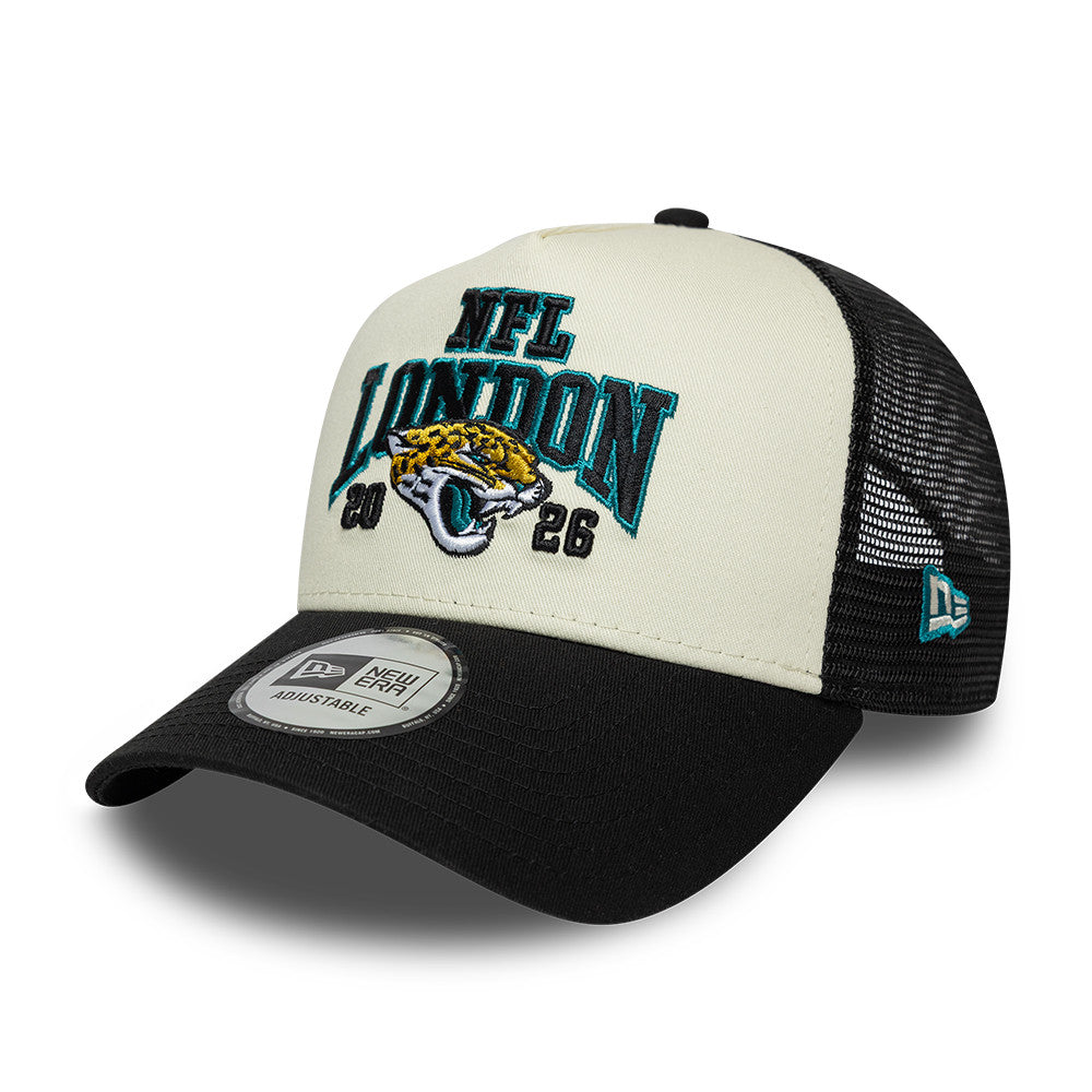 Jacksonville Jaguars New Era 2026 London Game 9FORTY A-Frame Trucker NFL Cap Schwarz