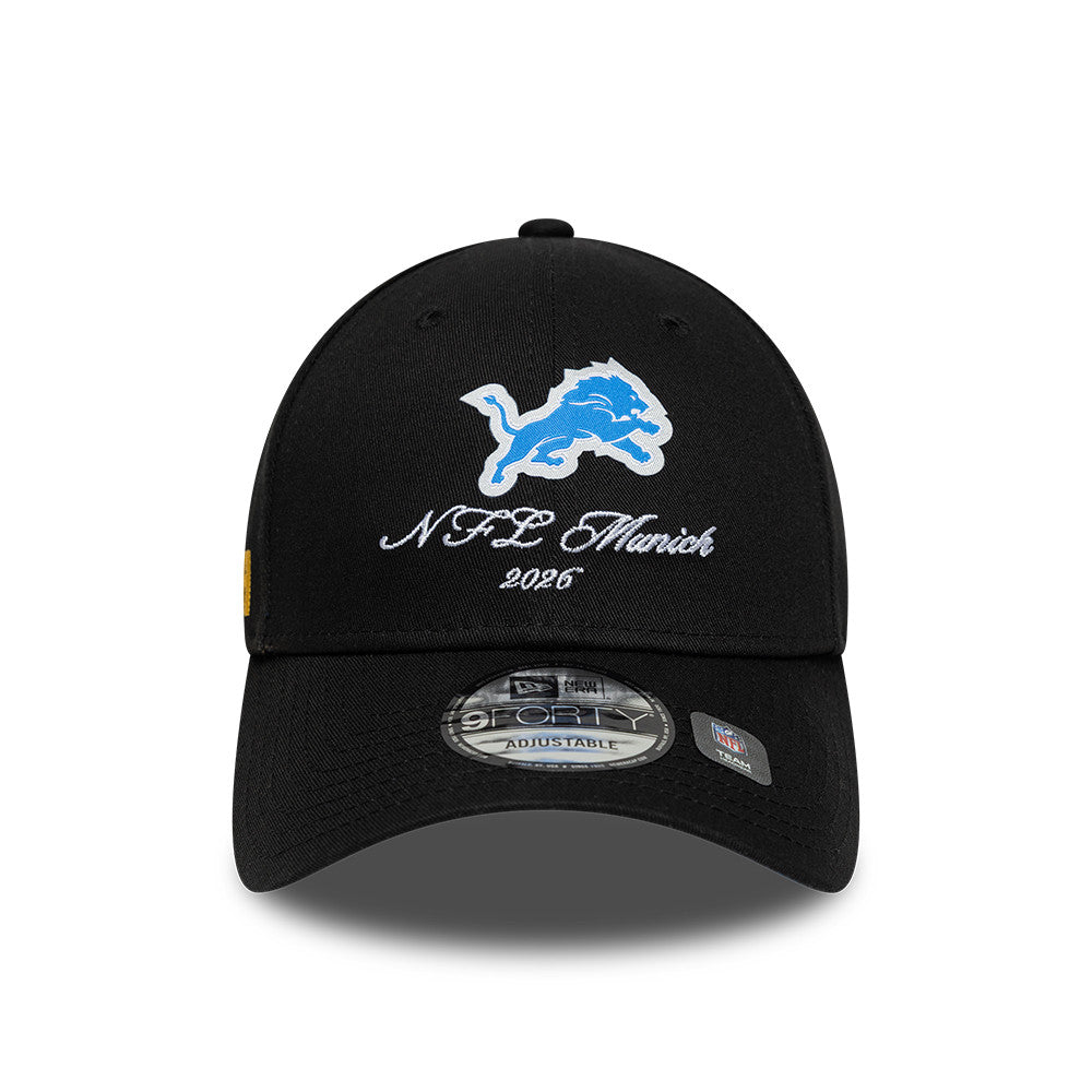 Detroit Lions New Era 2026 München Game Script 9FORTY Snapback NFL Cap Schwarz