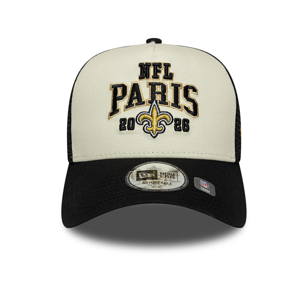 New Orleans Saints New Era 2026 Paris Game 9FORTY A-Frame Trucker NFL Cap Schwarz