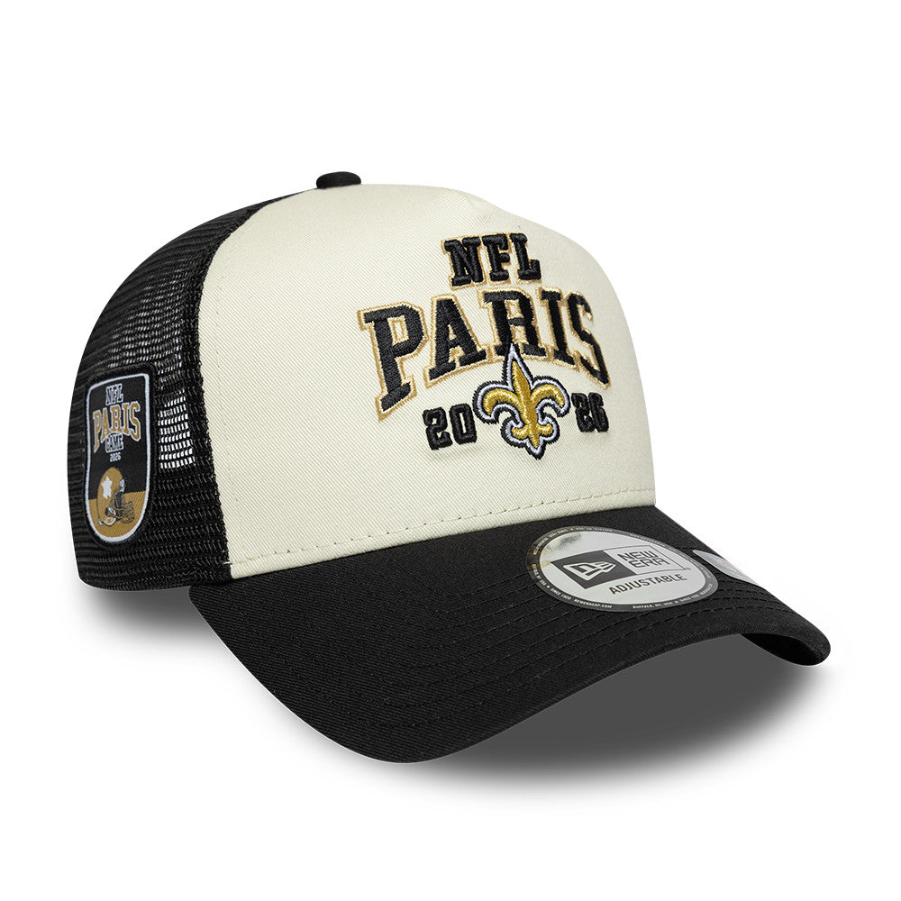New Orleans Saints New Era 2026 Paris Game 9FORTY A-Frame Trucker NFL Cap Schwarz