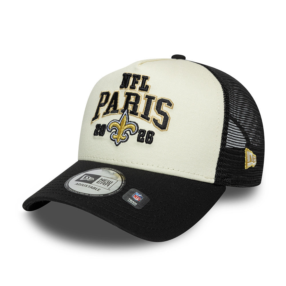 New Orleans Saints New Era 2026 Paris Game 9FORTY A-Frame Trucker NFL Cap Schwarz
