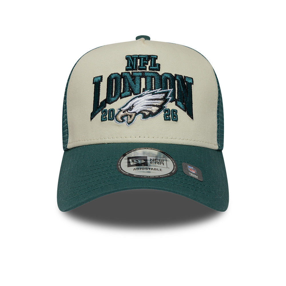 Philadelphia Eagles New Era 2026 London Game 9FORTY A-Frame Trucker NFL Cap Grün