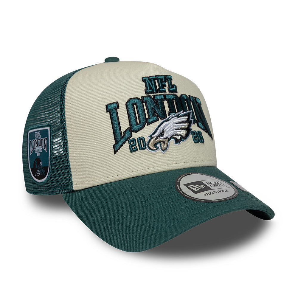 Philadelphia Eagles New Era 2026 London Game 9FORTY A-Frame Trucker NFL Cap Grün