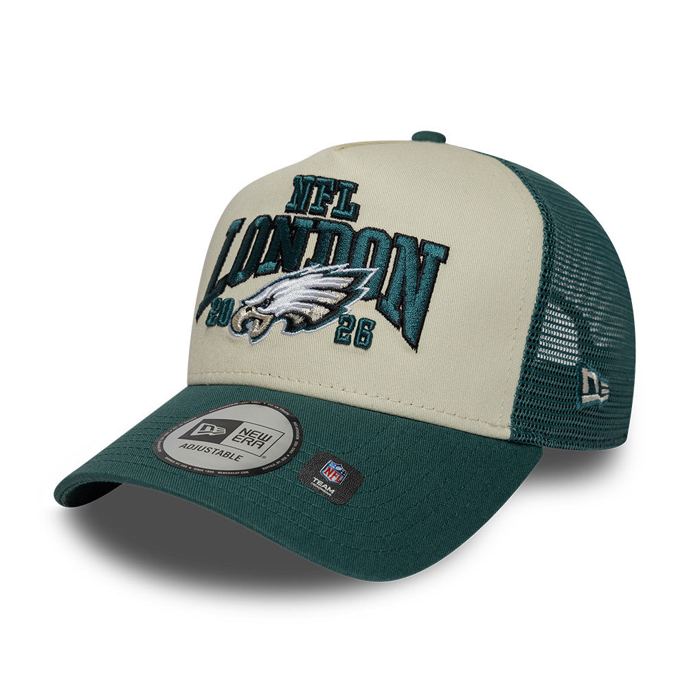 Philadelphia Eagles New Era 2026 London Game 9FORTY A-Frame Trucker NFL Cap Grün